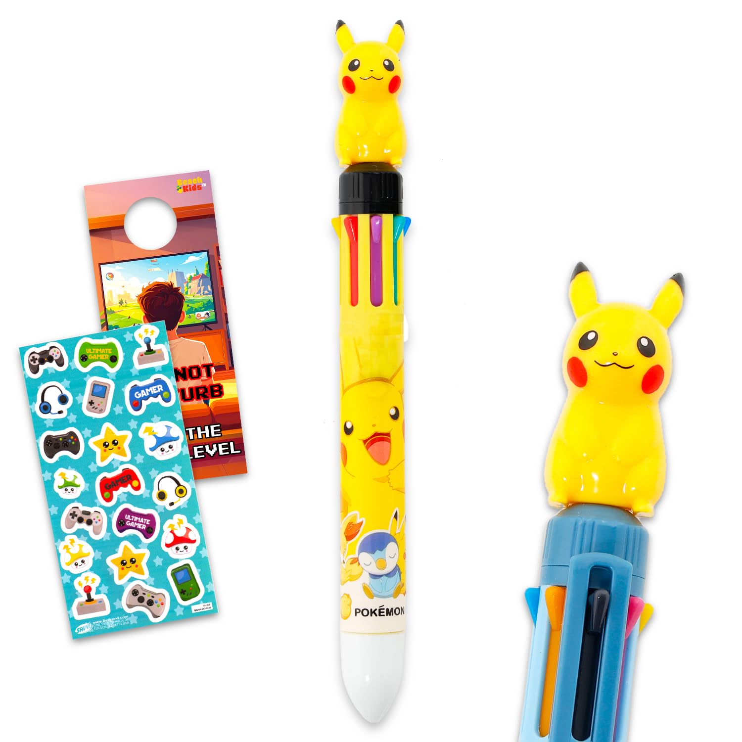 Pikachu Multicolor Pen Set - 8 Color in One Pokemon Ballpoint Pen Bundle | Pikachu Multi Color Writing Gift Set Plus Stickers, More | Pokemon Stationery for Kids, Teens, Adults