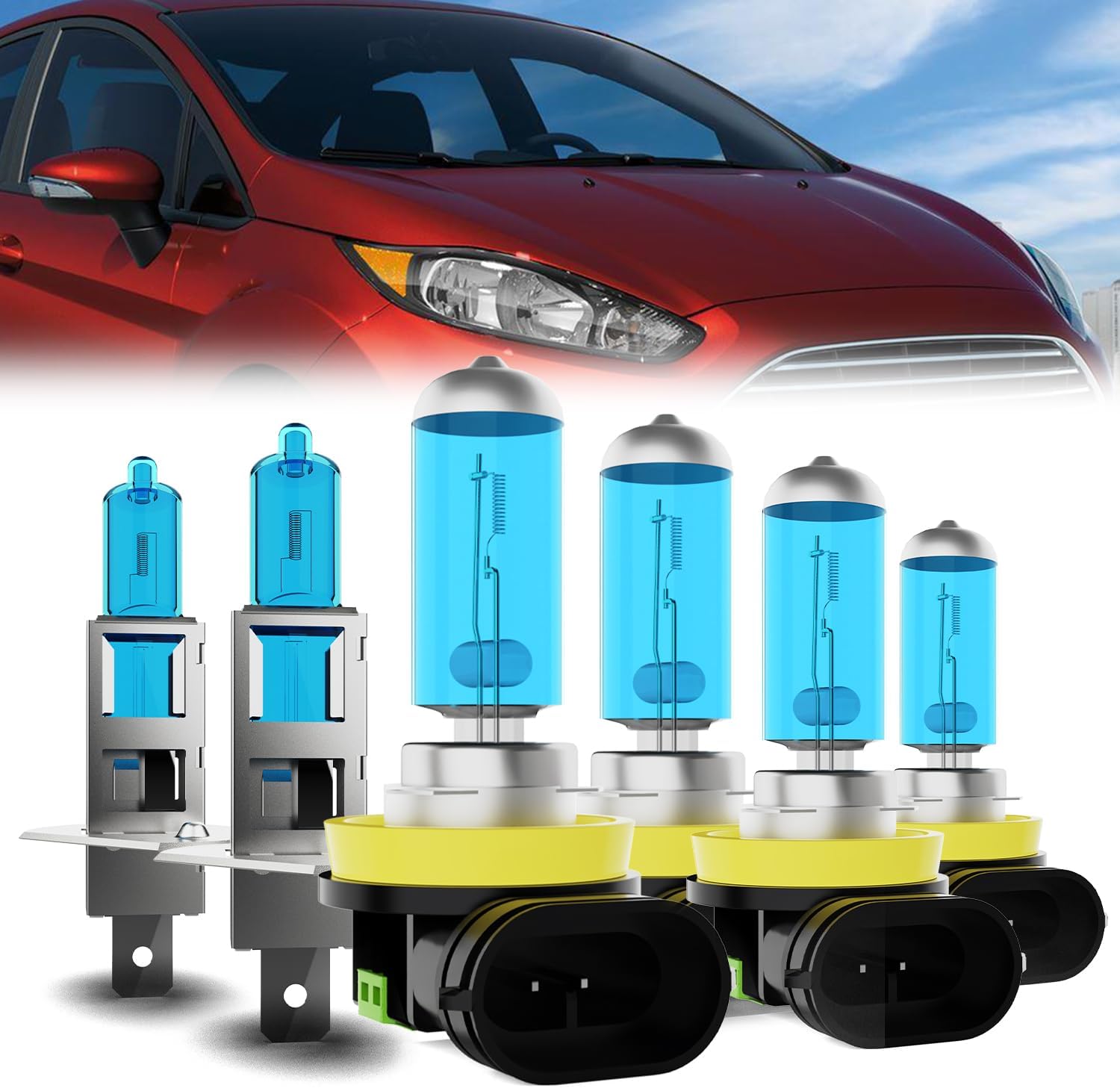 Headlight Bulbs License Plate Lights Fit For Ford Fiesta 2014-2018, H1 High Beam + H11 Low Beam + H11 Fog Lights Halogen Bulb, Pack of 6