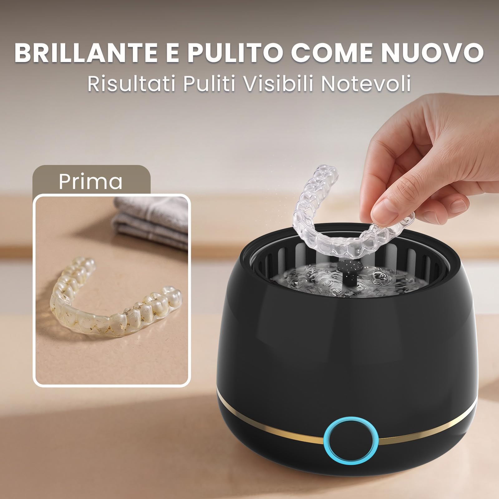 WRIYES 45kHz Pulitore Ultrasuoni, per la pulizia di allineatori dentali e apparecchi di contenzione, Pulitore Ultrasuoni Apparecchio Denti adatto anche per bite dentale,dentiere,ecc (nero)