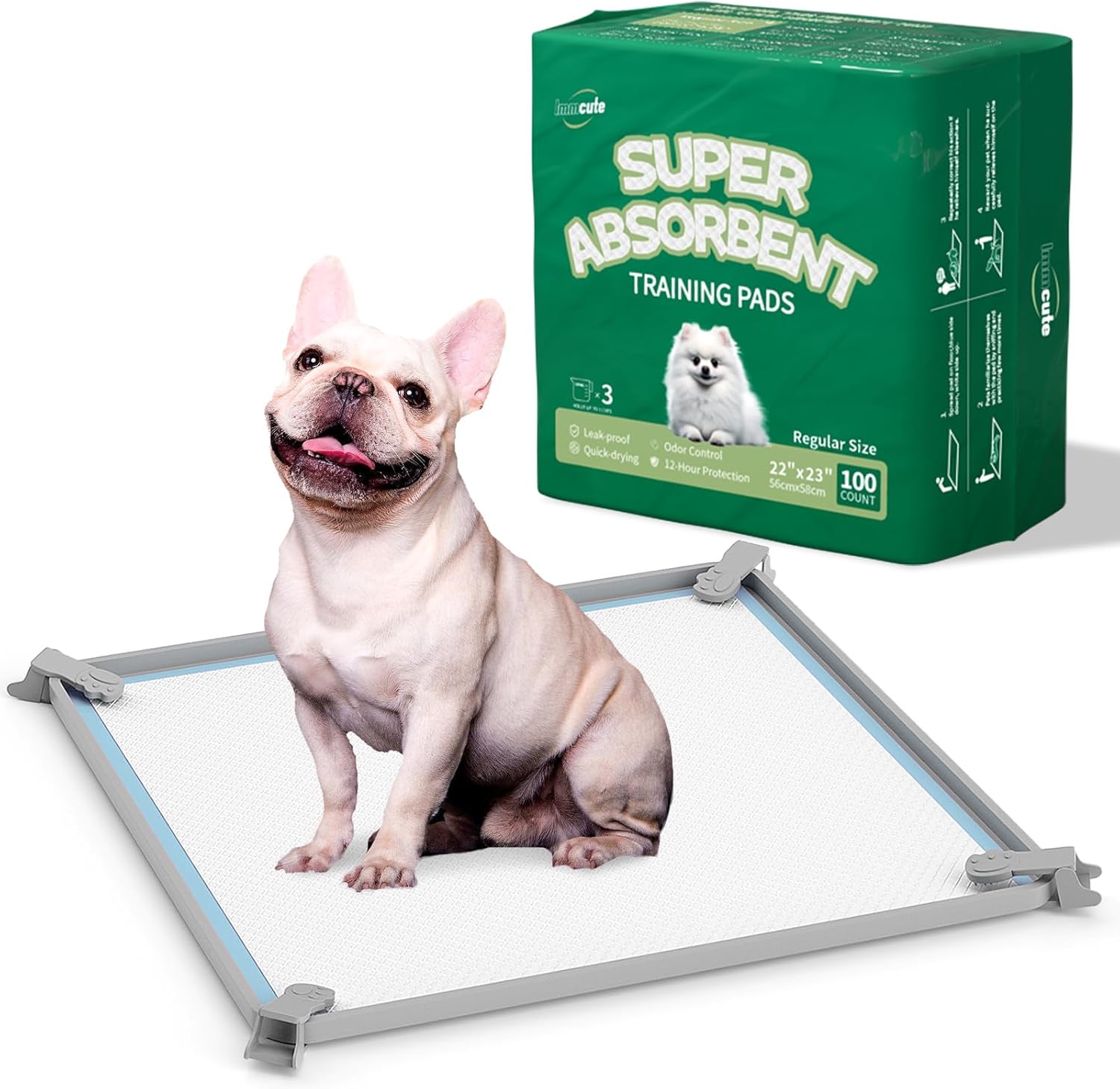 IMMCUTE Puppy Pads 22"x23"-100 Count, Pee Pad Holder 1 Count, Fits Up to 24" x 24", Silicone Non-Slip Dog Potty Tray, High Edge Puppy Pad Holder Tray for Easy Cleaning with 8 Holder Clamps