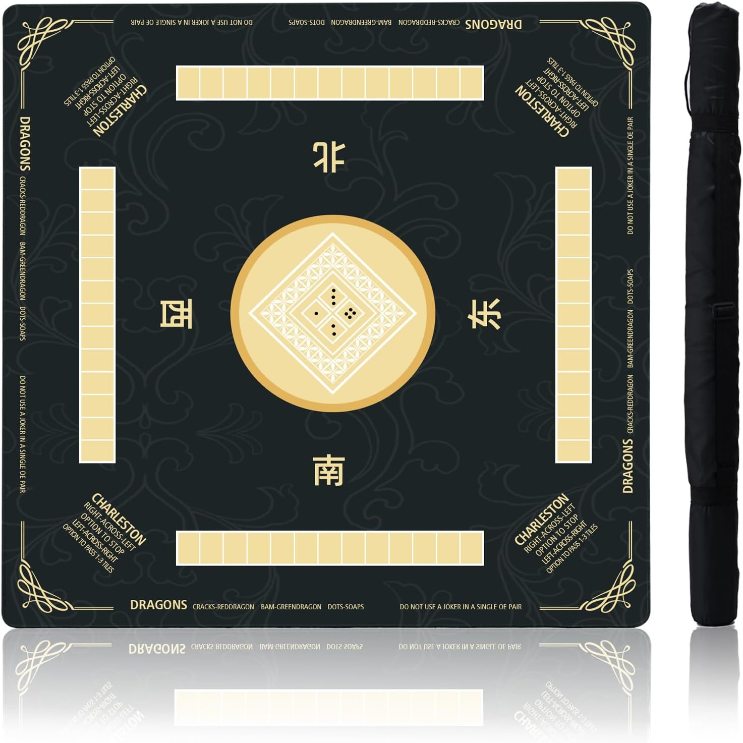 Idocolors Mahjong Mat with Rules, Non-Slip Noise Reduction Gaming Mat 31.5" x 31.5" for Mahjong/Poker/Board Games/Card Games/Dominoes, Table Mat Mahjong Accessories Gifts with Travel Bag (Black)