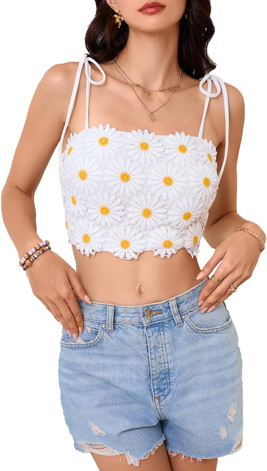 WDIRARA Women's Boho Daisy Floral Guipure Crop Top 3D Flower Tie Shoulder Square Neck Cute Cami Top - Image 2