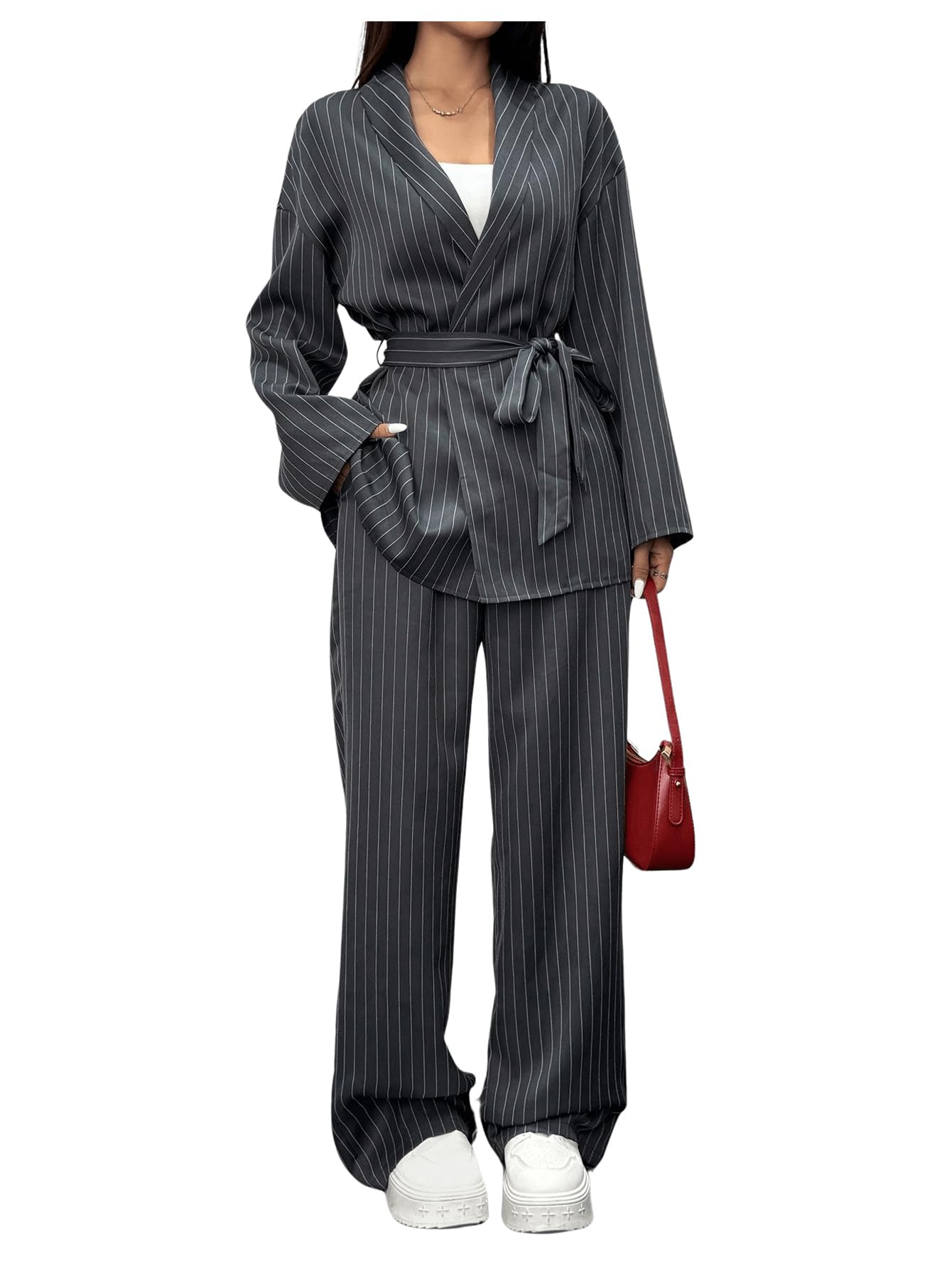 SOLY HUX Womens 2 Piece Business Casual Outfit Striped Open Front Long Sleeve Belted Blazer and Pants Set