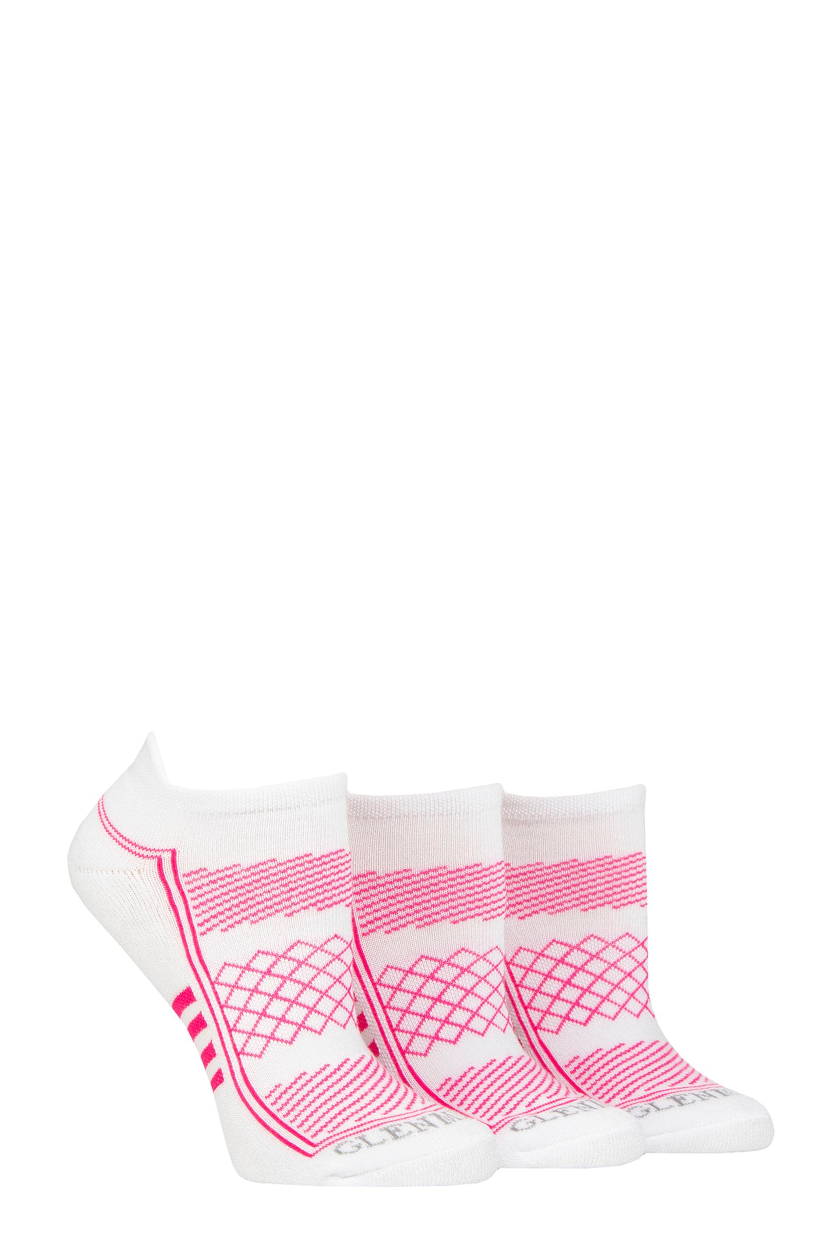 Glenmuir Ladies Sport Trainer Socks - Patterned Cushioned, Low Ankle Cuffs, Arch Support 3 Pair Multipack Recycled Paper Packaging - White - 4-8