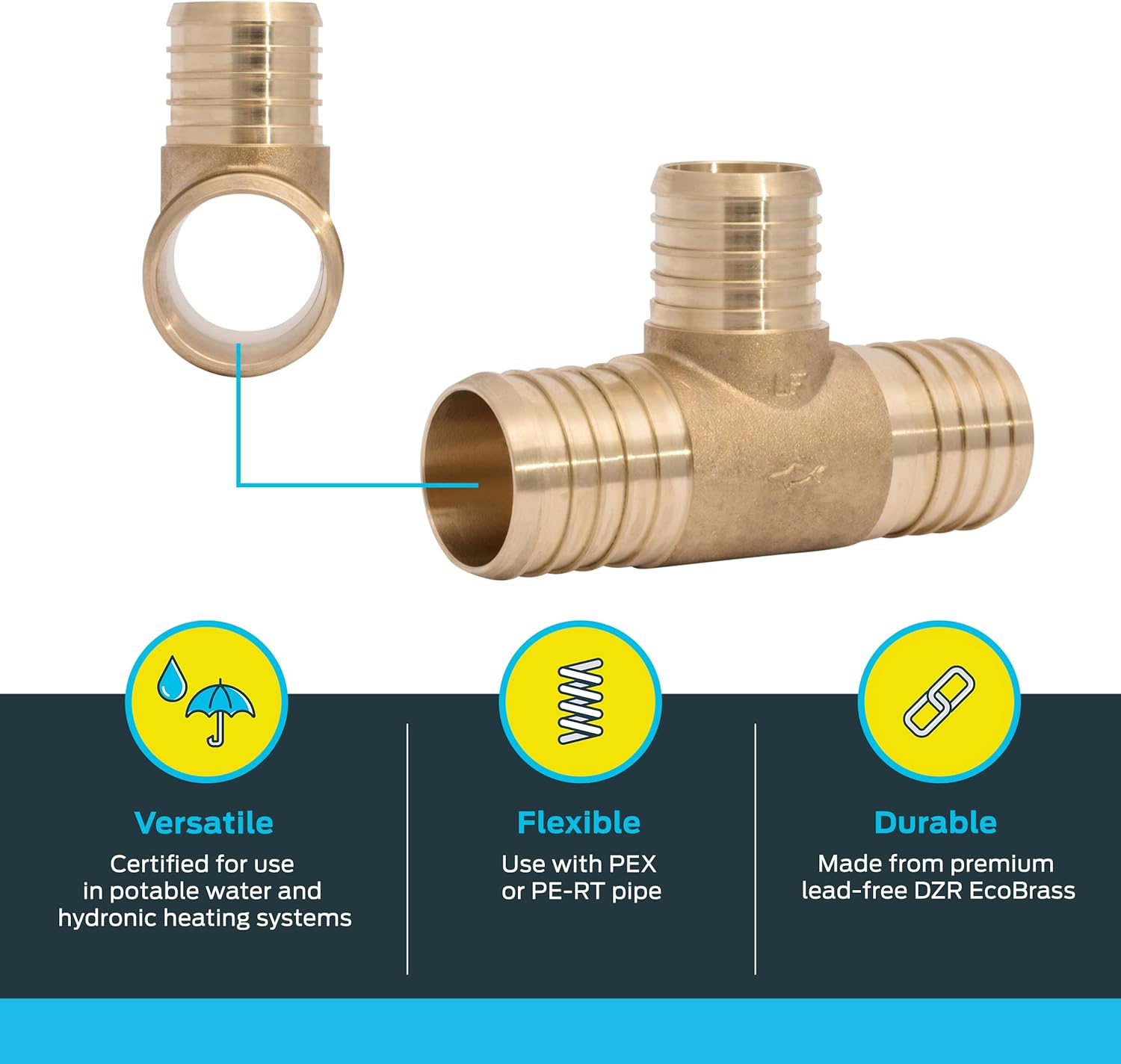 SharkBite 1-1/2 x 1-1/2 x 1 1/4 Inch Crimp Reducing Tee, Brass Plumbing Fitting, PEX Pipe, PE-RT, UC08414135
