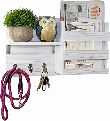Spiretro Organizador de ganchos para llaves de pared y clasificador de correo, madera rústica, color blanco, organizador de entrada para cartas,