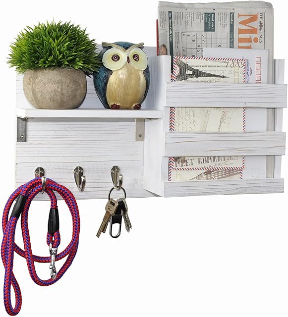 Eitida Wall Mount Entryway Storage Organizer and Mail Basket with 3 Key Holder for Car Keys, Leashes, Newspapers and Clothes, Wood Floating Shelf_White
