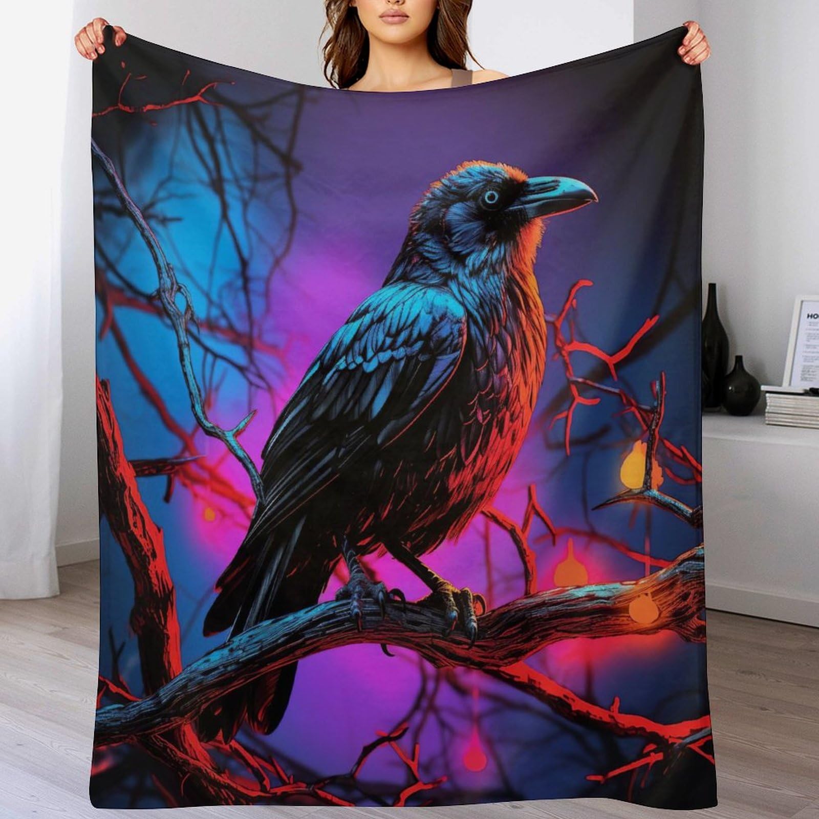 Couverture corbeau en flannel douce et chaude de 180x200cm pour grand lit et canapé