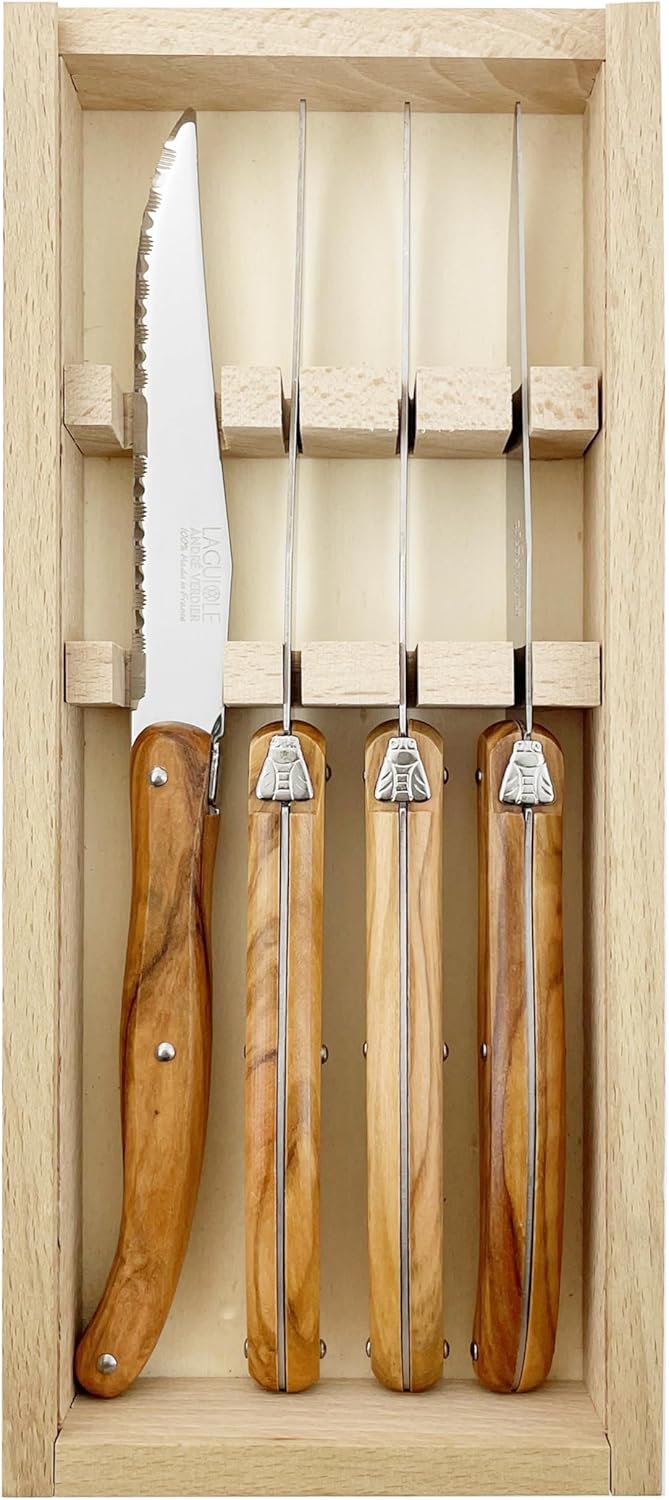 Laguiole Cutlery Set with OliveWood Handles and Stainless Steel Blade Made in France (Standard, STEAK KNIVES 4-SET)