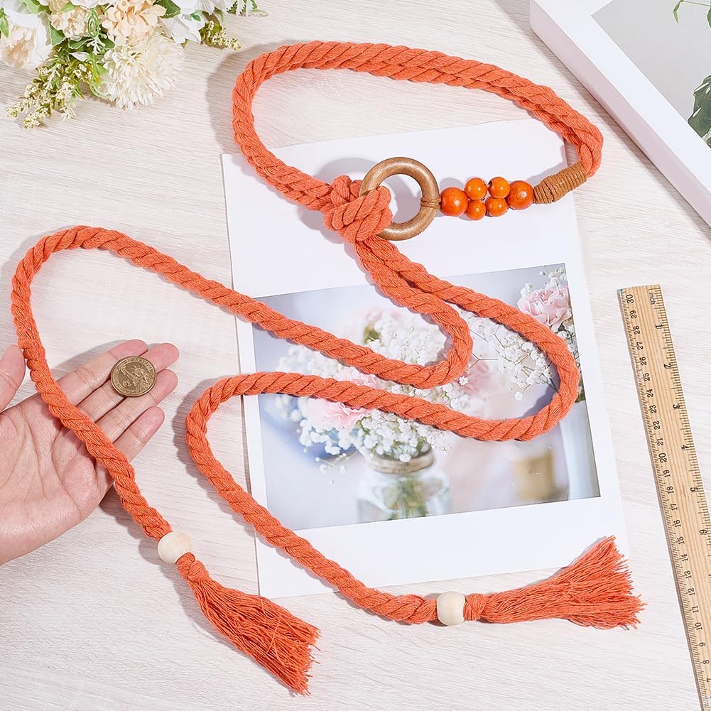 CRASPIRE Tassel Braided Waist Belt Orange Boho Rope Cotton Handmade Weaving Bead Ring Bohemian Handwoven Macrame Woven Long Skinny Apparel Decorative Chain for Women Lady Dress Cloth Outfit Skirt Wrap image 3