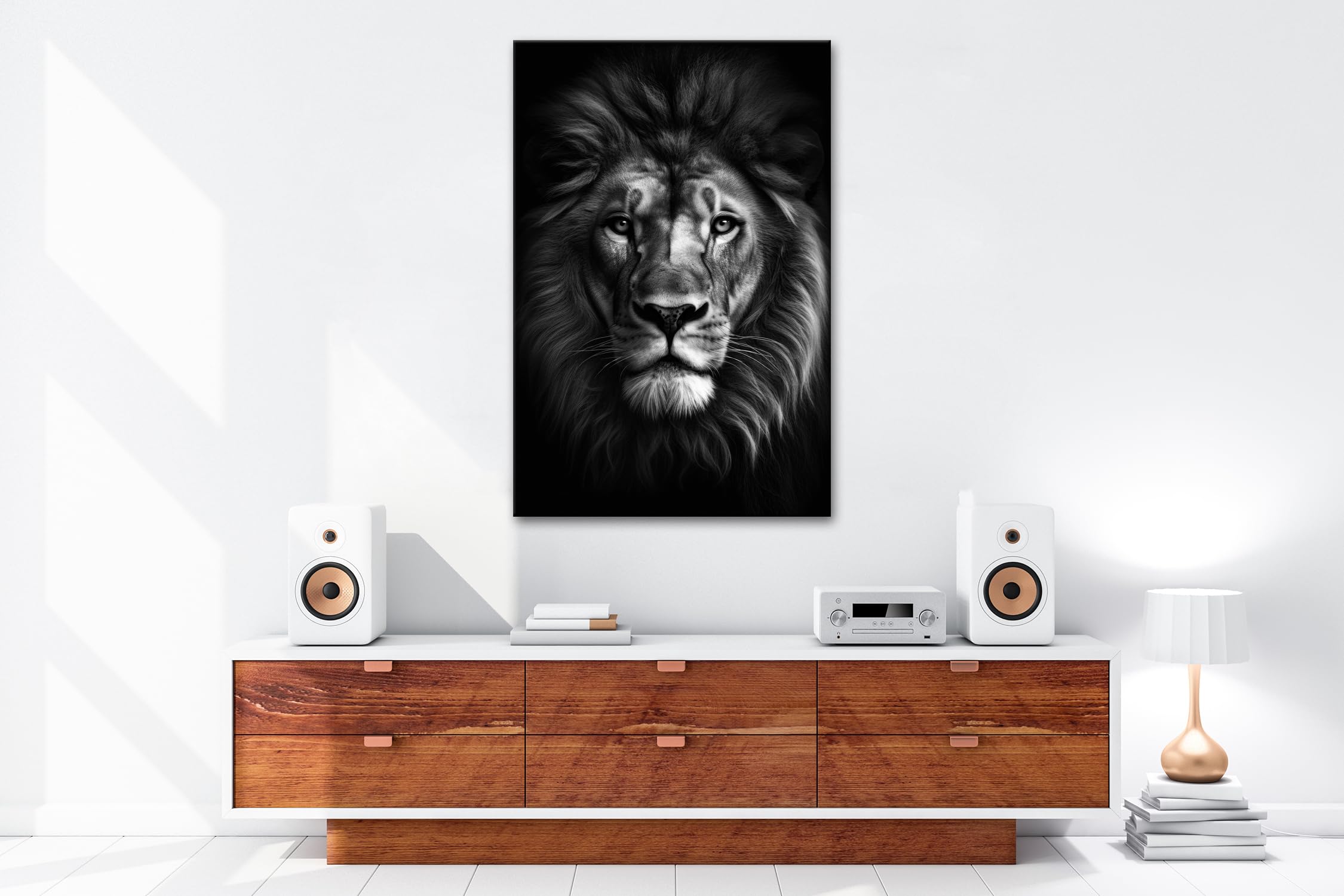 deyoli Leinwandbild Majestätischer Löwenkopf mit prachtvoller Mähne im Dunkeln Format: 120x80cm Effekt: Schwarz&Weiß XXL Kunstdruck Bild auf Keilrahmen/Wandbild/Wohnzimmer Dekoration
