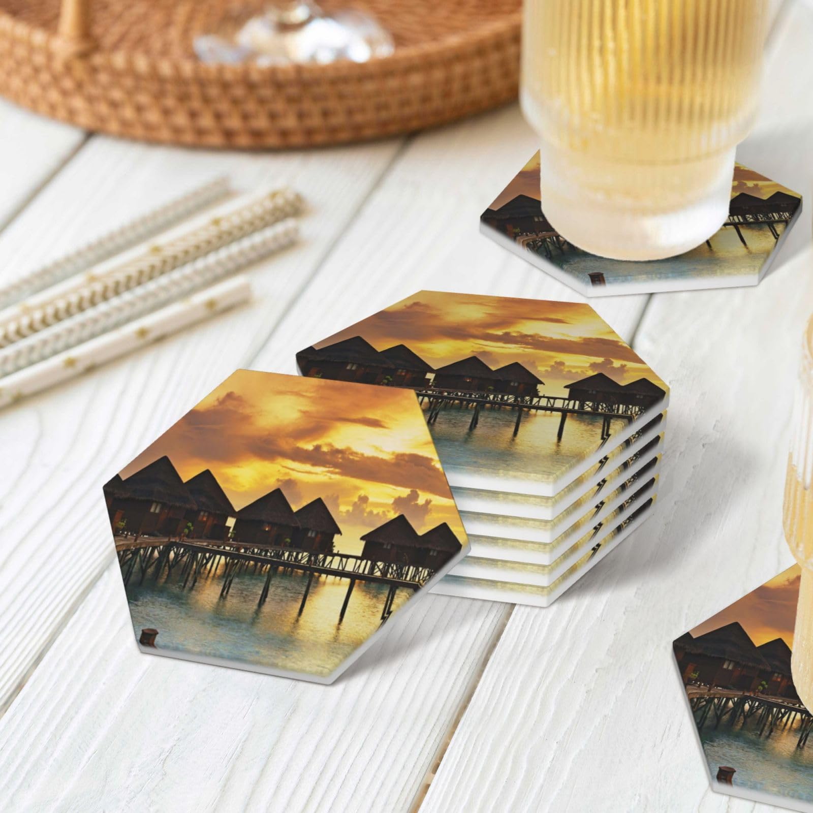 Sottobicchieri In Ceramica Tropical Bird Of Paradise - Set 6 Pezzi Con Base In Sughero E Porta Sottobicchieri