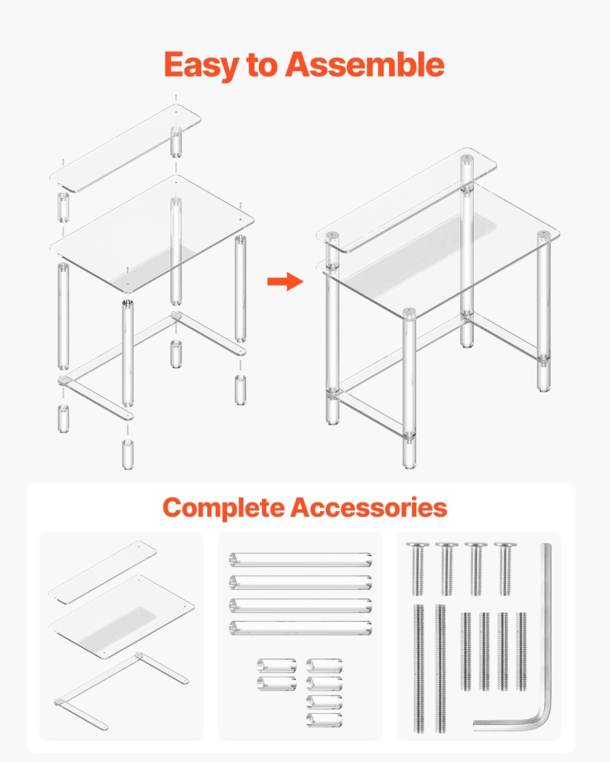 VEVOR Acrylic Desk with Monitor Stand, 2-Tier Clear Table Study Writing Desk, Modern Computer Desk for Home Office, Study, Bedroom Vanity, Living Room, 31.5" W x 19.7'' D x 34.7" H