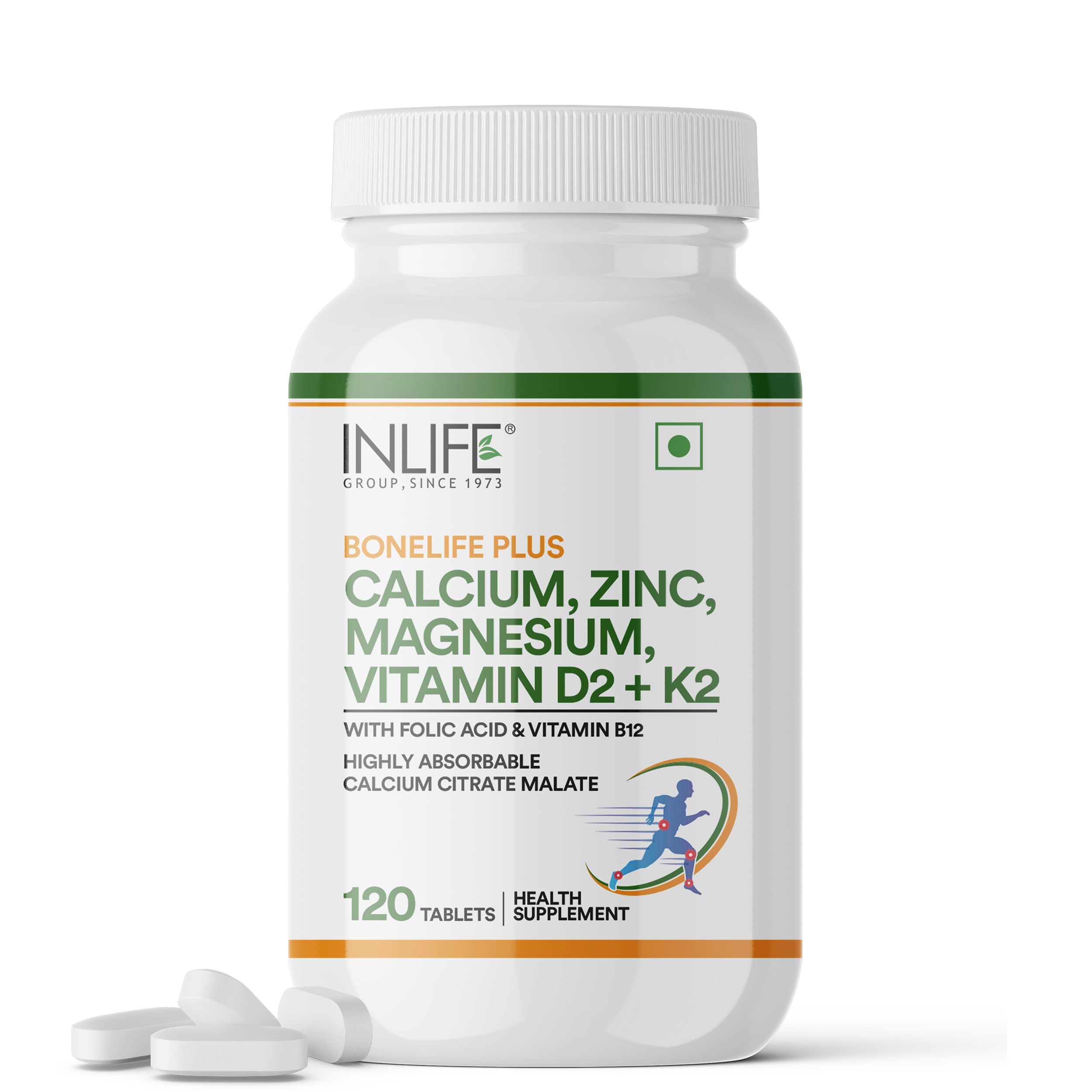 INLIFE Calcium Magnesium Zinc, Vitamin D2 B12 Folic Acid K2 MK7, Bone Muscle & Joint Health Support, Men Women, 120 Tablets (Pack of 1, 120)