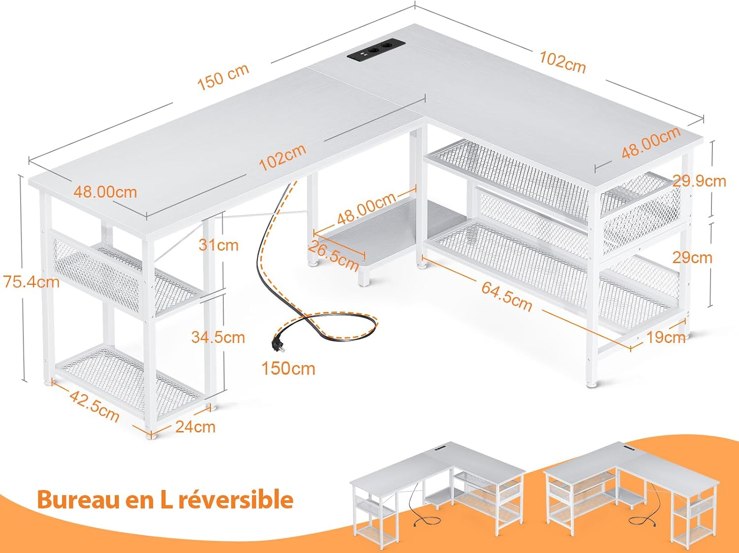 Detailed dimensions of the ODK L-shaped desk, including length, width, height, and shelf measurements.