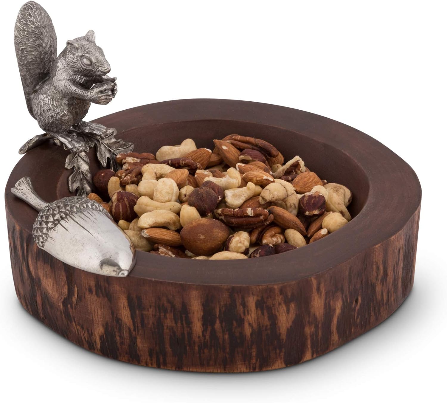 Vagabond House Wood Nut/Candy Bowl with Standing Pewter Squirrel and Metal Pewter Scoop 8 inch Diameter
