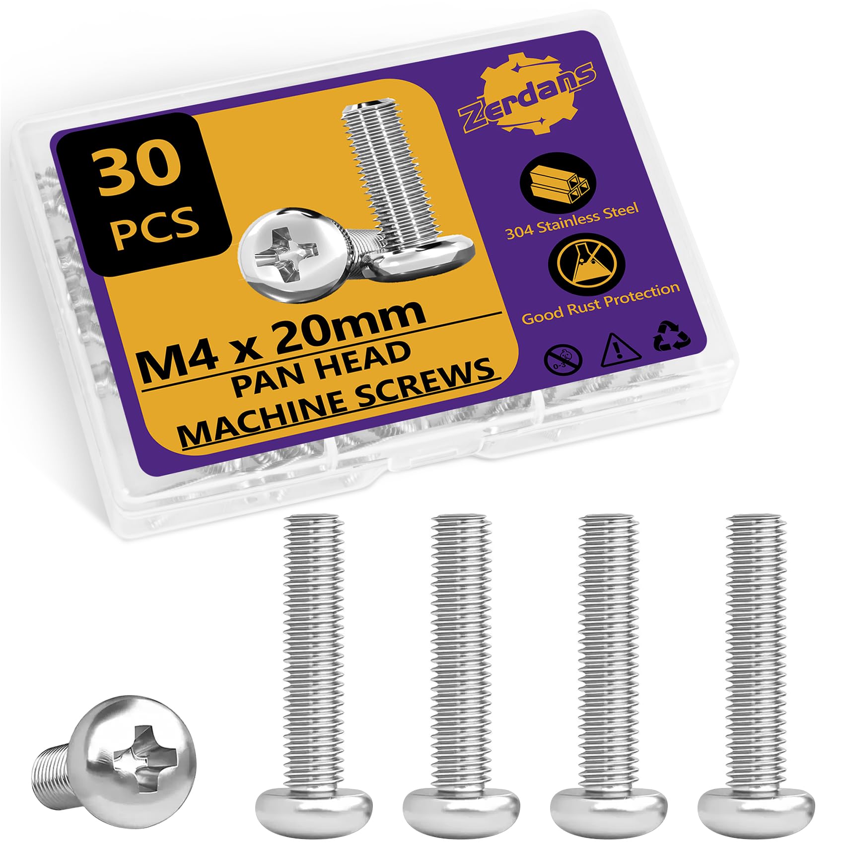 30pcs M4 (4mm x 20mm) Machine Screws Pan Phillips Cross Head Machine Screw Fasteners Bolt Set, for Machinery Furniture, Car