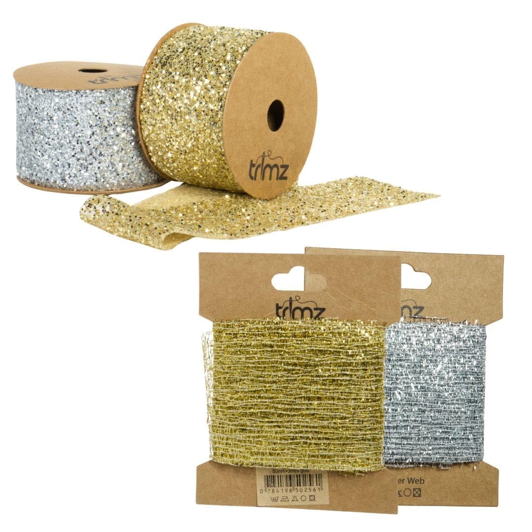 Metallic Duo Craft Ribbon Set – Gold Webbing (3m), Silver Webbing (3m), Gold Glitter Organza, and Silver Glitter Organza Ribbons for Gift Wrapping, Party Décor, and DIY Crafts