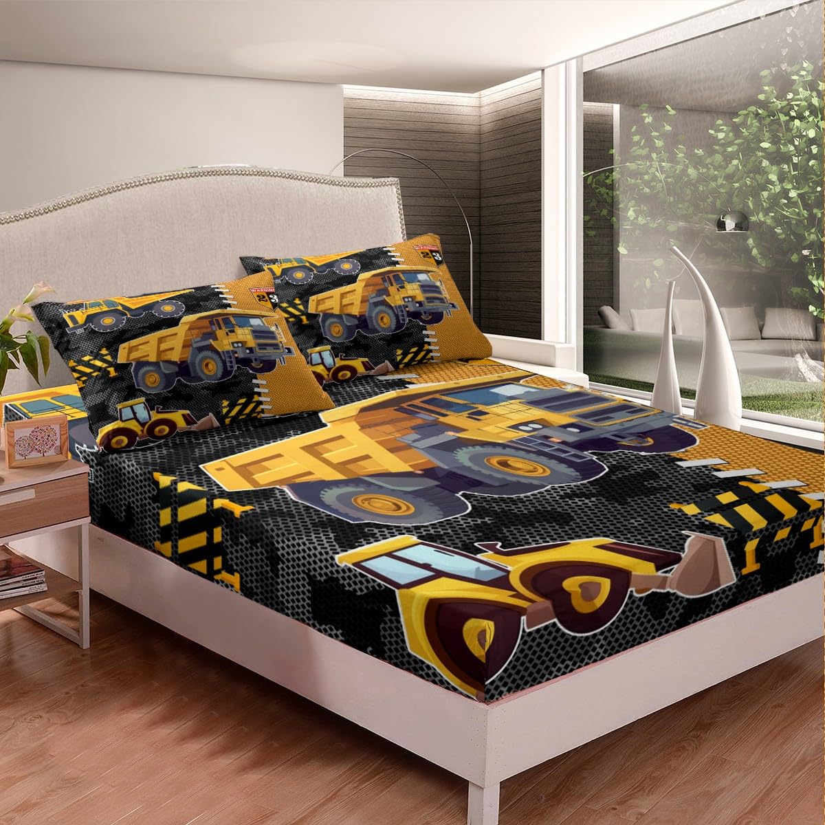 Cartoon Truck Boys Fitted Sheet,Yellow Excavator Engineering Vehicle Bedding Set for Kids Teens,Gray Camo Yellow Patchwork Plaid Bed Cover with 2 Pillowcases(No Top Sheet),Queen Size 3 Pcs
