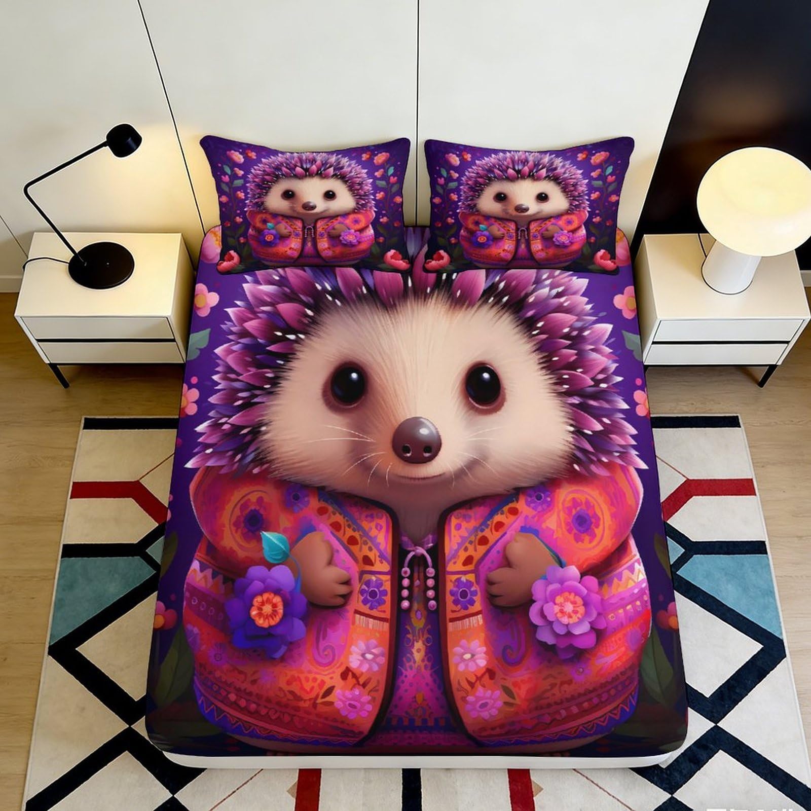 3D Printed Cute Hedgehog Fitted Sheet Microfiber Purple Cartoon Animal Mattress Cover Anti-Slip Bed Decor for Bedroom Guestroom 90x200x25cm