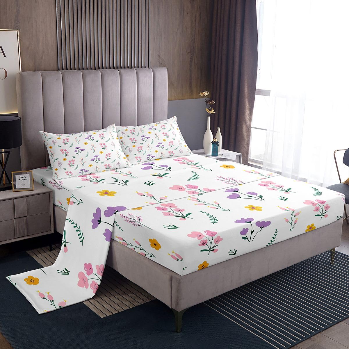 jejeloiu Floral Bed Sheets Set Full Size Plant Bed Set Farmhouse Garden Deep Pocket Fitted Sheet Cute Breathable Soft Lightweight Microfiber White