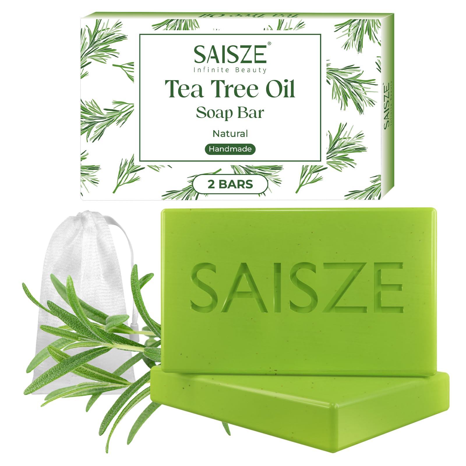 SAISZE Tea Tree Soap, Handmade Soap Bar for Face and Body, Cold Process, Soothing Hydrating Body Wash for Clear Healthy Skin 8 Ounce