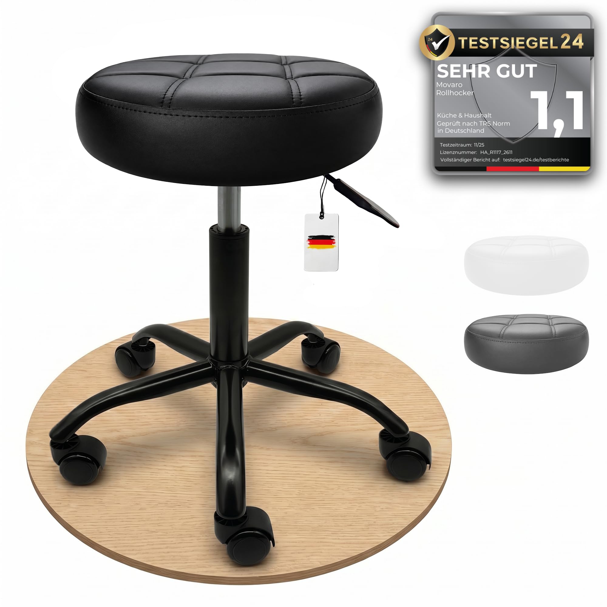 Rollhocker mit Metall-Basis und leisen Softrollen [TESTSIEGER] | höhenverstellbar, 360° drehbar, kratzfrei und stabil – ergonomischer Hocker mit Rollen | Arbeitshocker | Bürohocker [Schwarz]