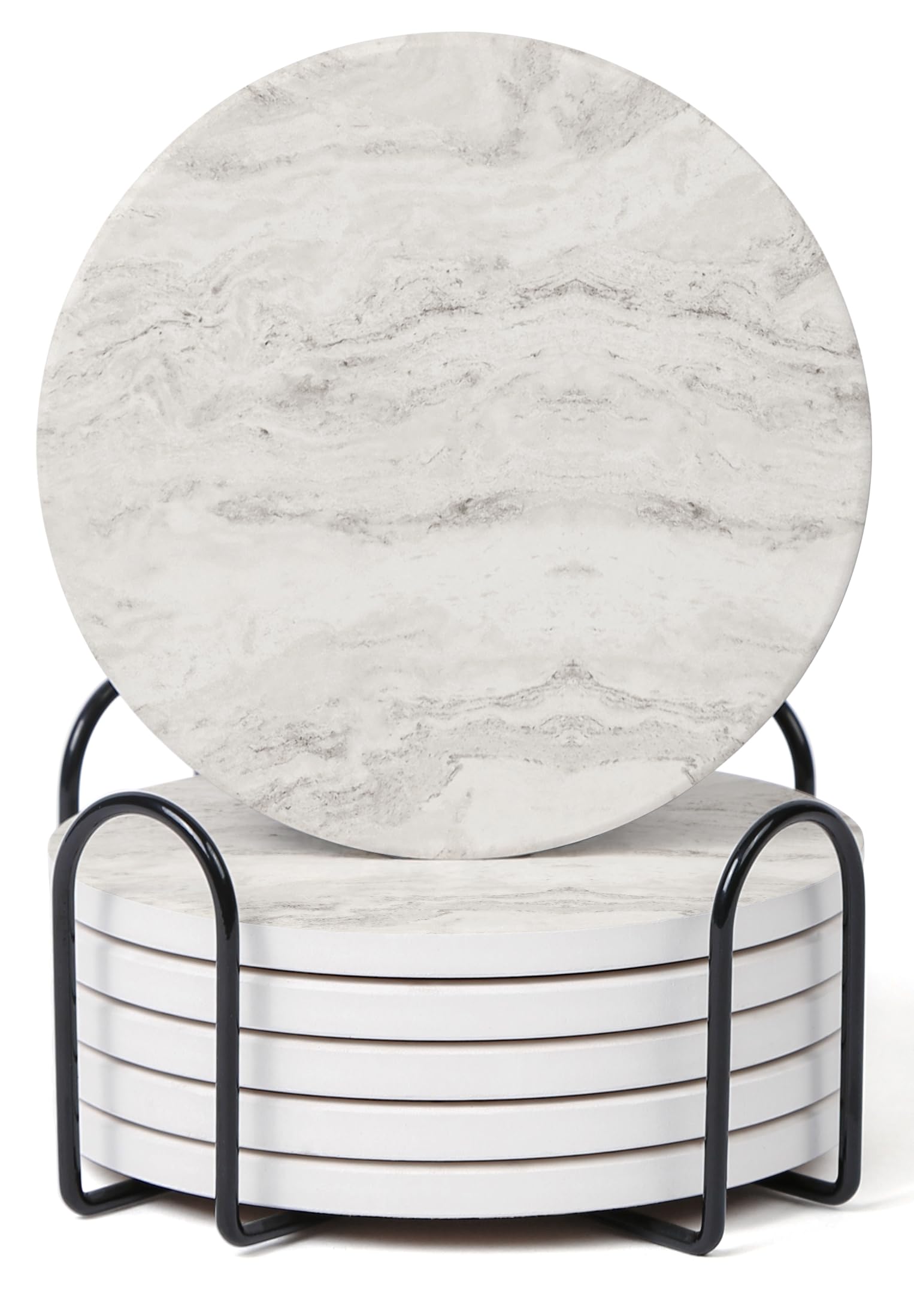 Hoomey Set of 6 Off White Abstract Onyx Marble Coasters with Holder, Absorbent Ceramic Drink Coasters for Table Protection, Coffee Table Decor
