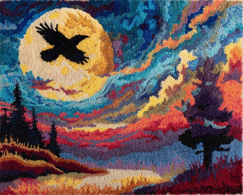 Kitquiver Rug Making Kits for Adults Latch Hook Full Moon Crow Crafts Crochet Yarn with Pre-Printed DIY Handmade Embroidery Needlework for Home Decoration 23X35In