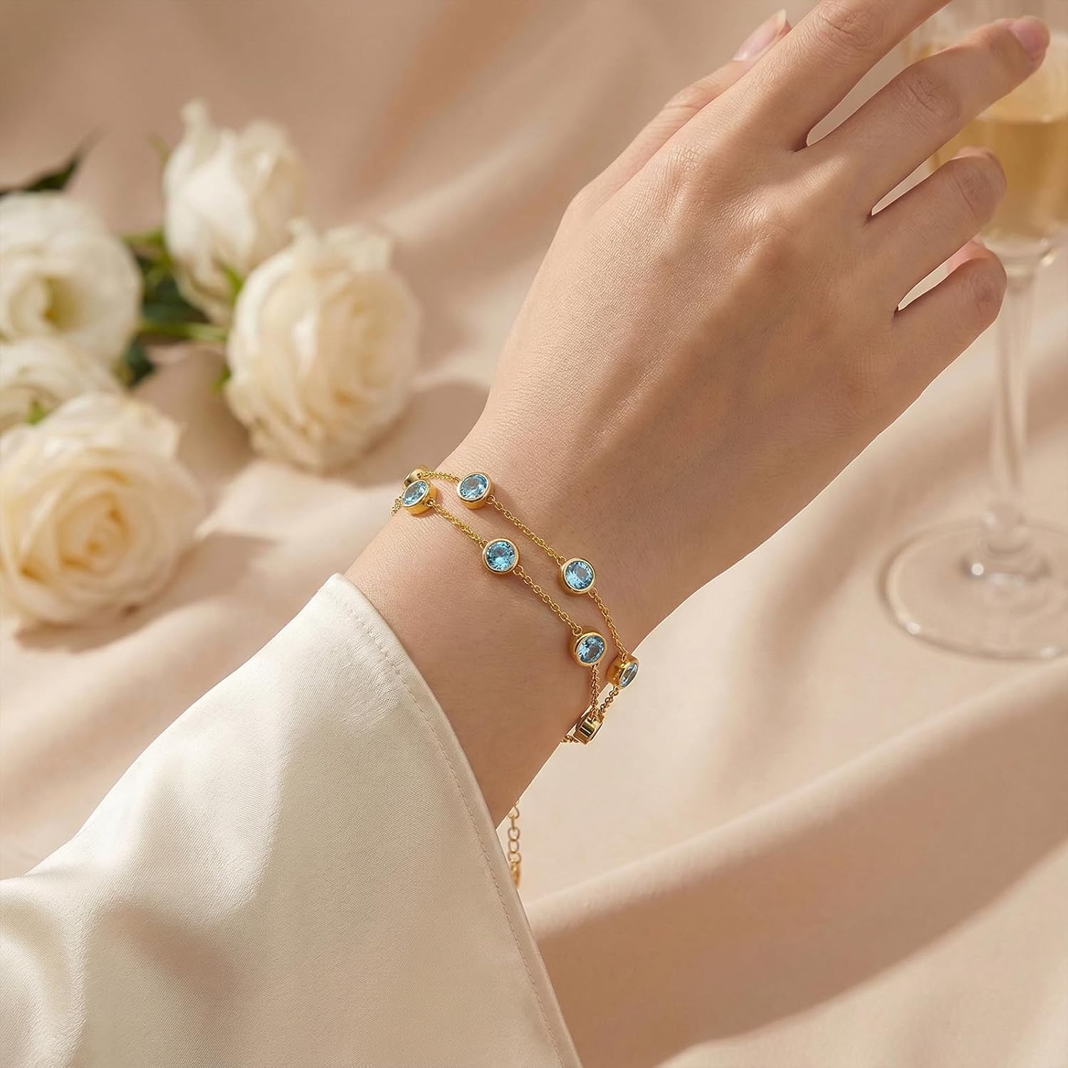 OJK 14K Gold Birthstone Bracelet for Women 14K Gold Round Layered Bracelets Anniversary Birthday Jewelry Gifts for Wife Mom Her