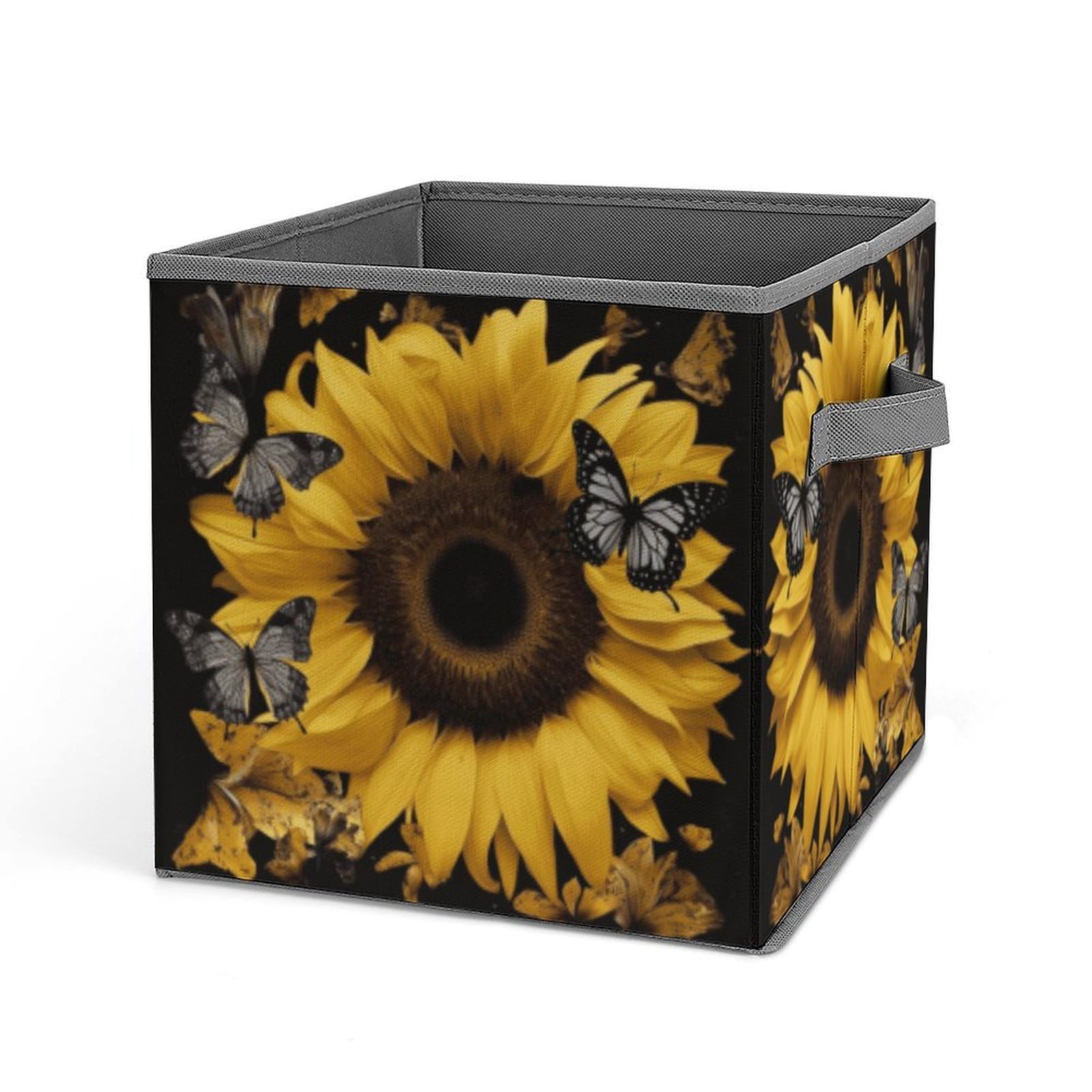 FekiLoot Butterfly And Sunflower Storage Cube Large Capacity Fabric Closet Organizers with Handles Collapsible Cube Storage Bin Foldable Cube Organizer Baskets for Shelves Clothes Books
