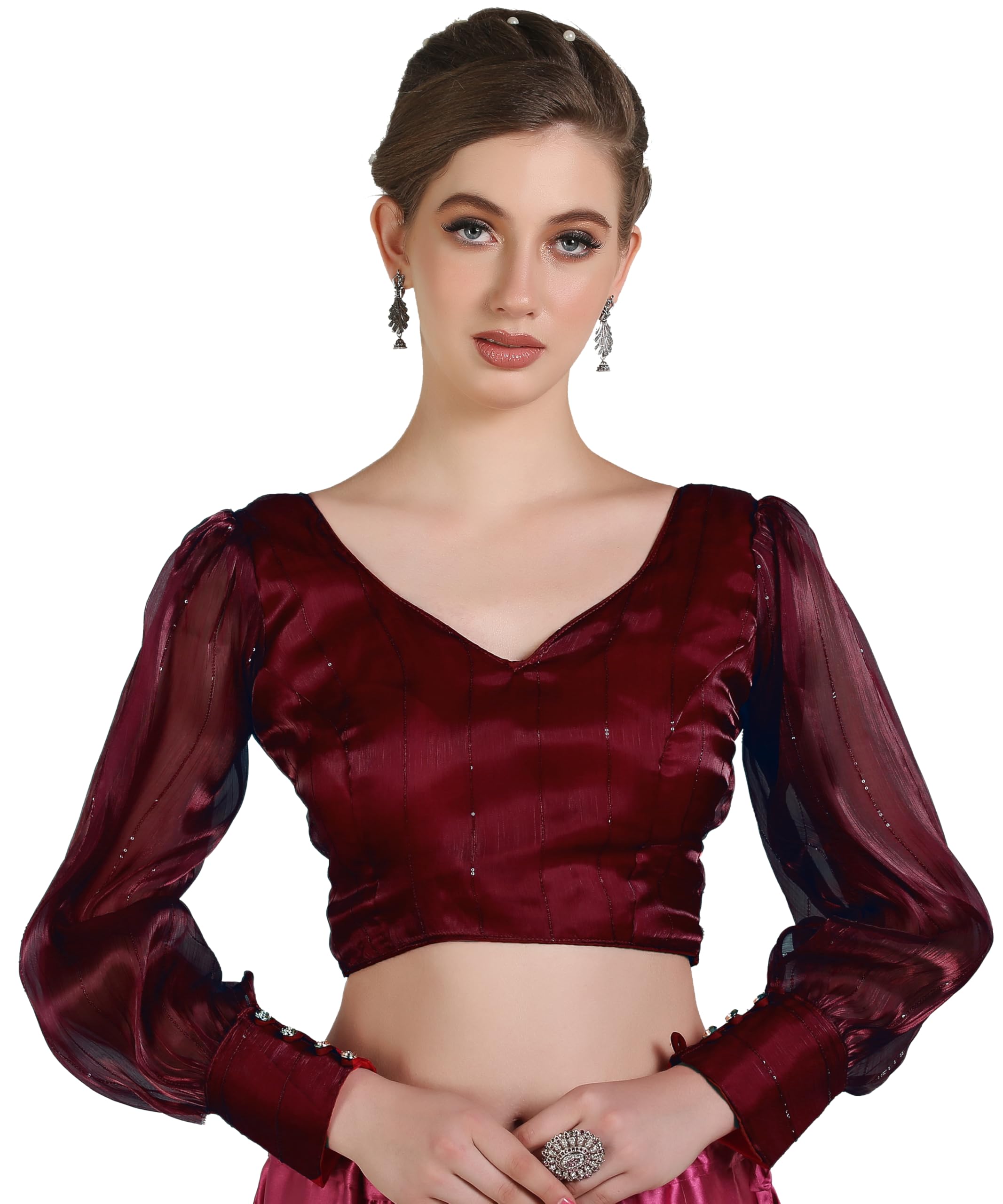 Pujia Mills Woman Wine Designer Zimi Chu Slub Shining Material With Sequnace Work Blouse