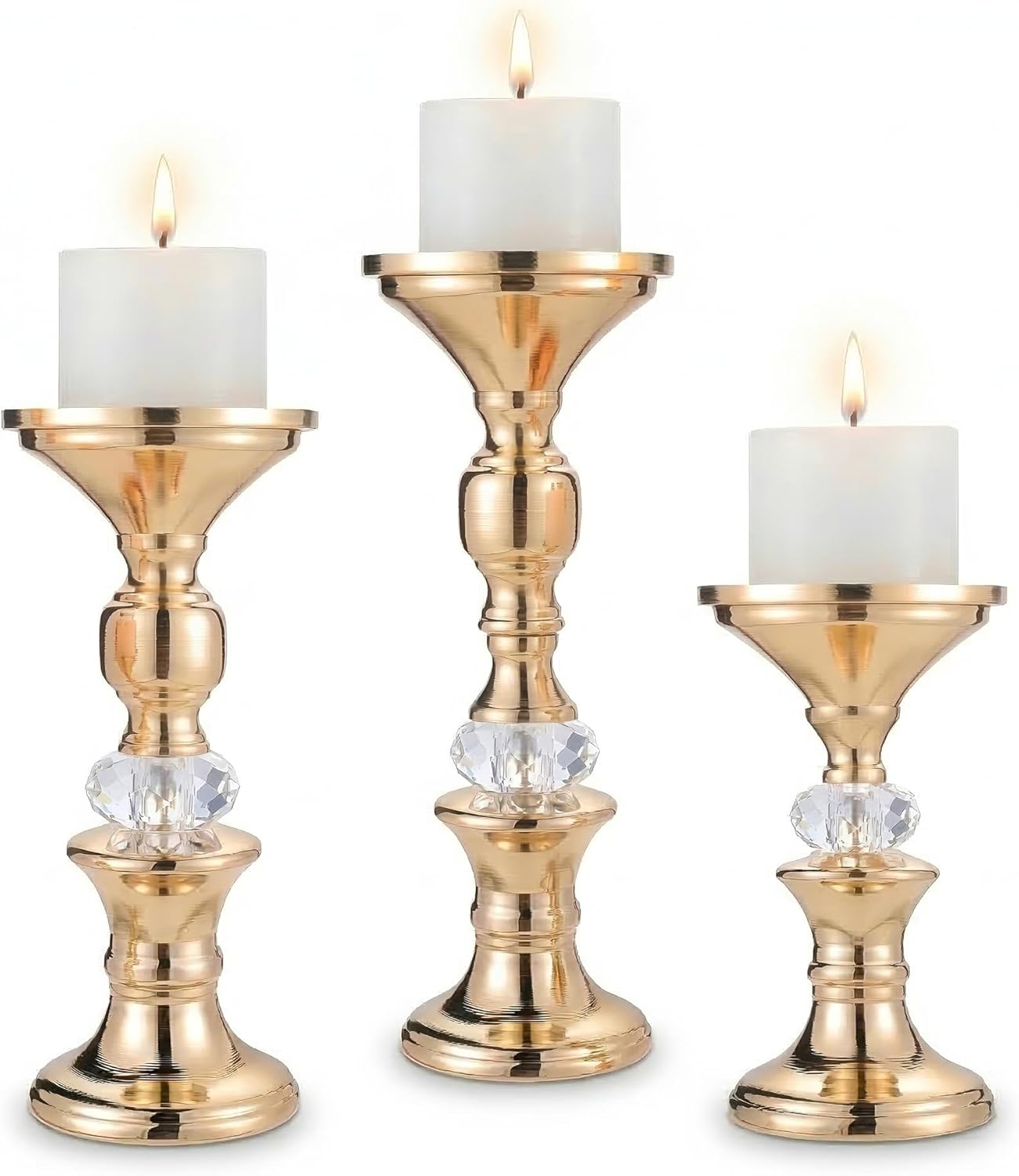 Gold Candle Holders Set of 3 for Pillar Candles Metal Candle Stands with Acrylic Crystal Accents for Wedding Centerpiece, Event Reception, Bridal Shower Home Decor – Fits 3" Wax/LED Candles