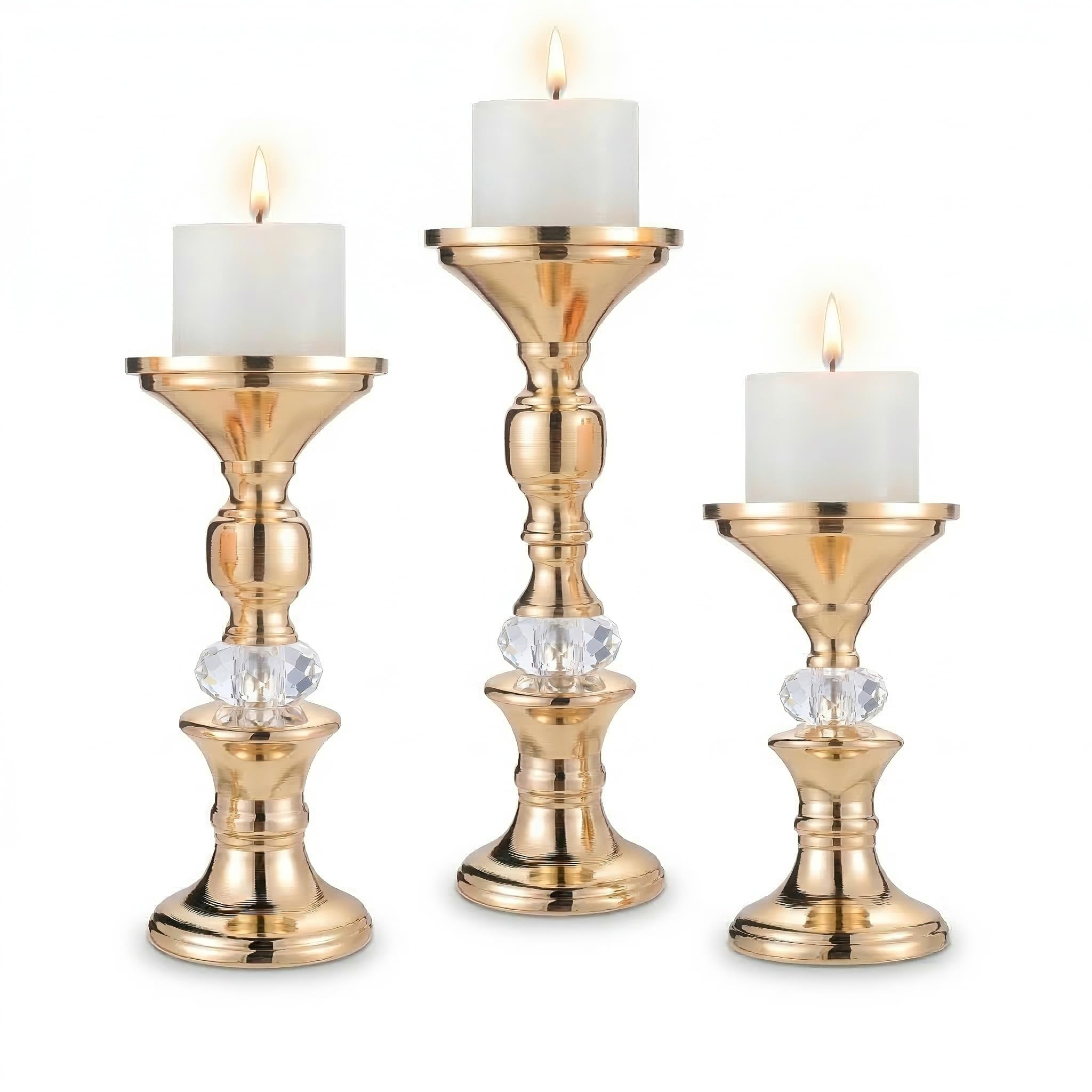 Moralifila Gold Candle Holders Set of 3 for Pillar Candles Metal Candle Stands with Acrylic Crystal Accents for Wedding Centerpiece, Event Reception, Bridal Shower Home Decor – Fits 3" Wax/LED Candles