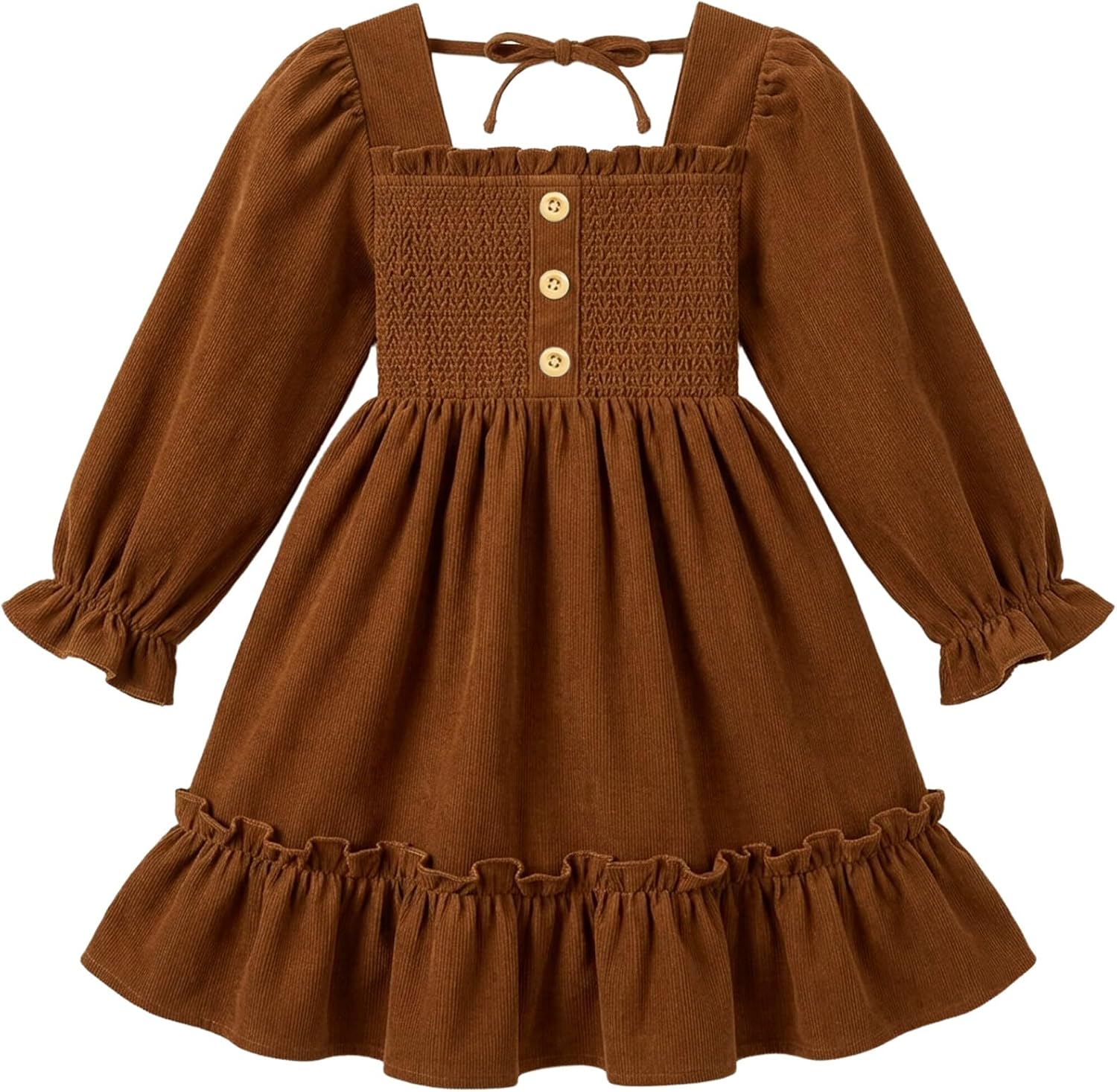 Toddler Girl Dress Long Sleeve Floral Smocked Corduroy Dress 18M-6Y