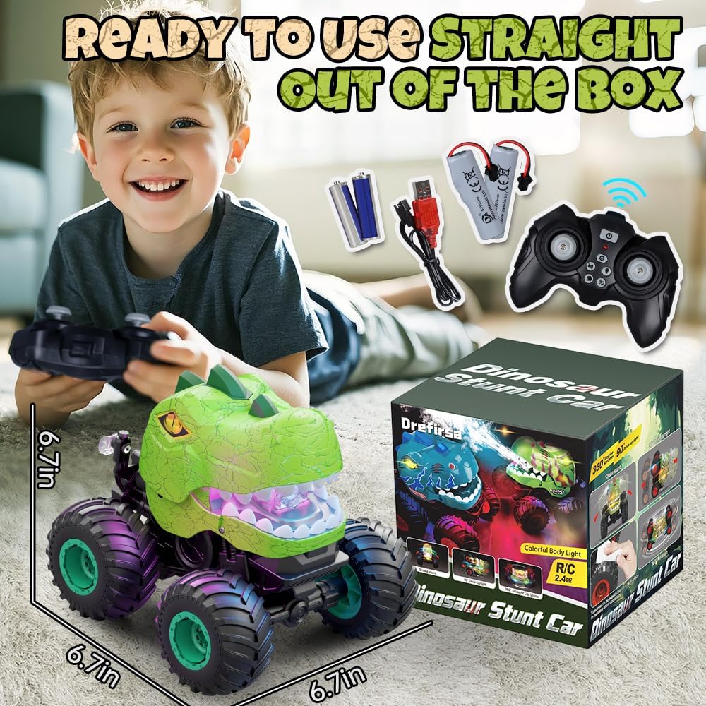 Drefirsa Remote Control Car for Boys Age 4-7 8-12, 50min+ Runtime Dinosaur Monster Truck Toy with Spray, Light, Music, Stunts, Birthday Gift for Boy 3 4 5 6 7 8 9 10 Year Old