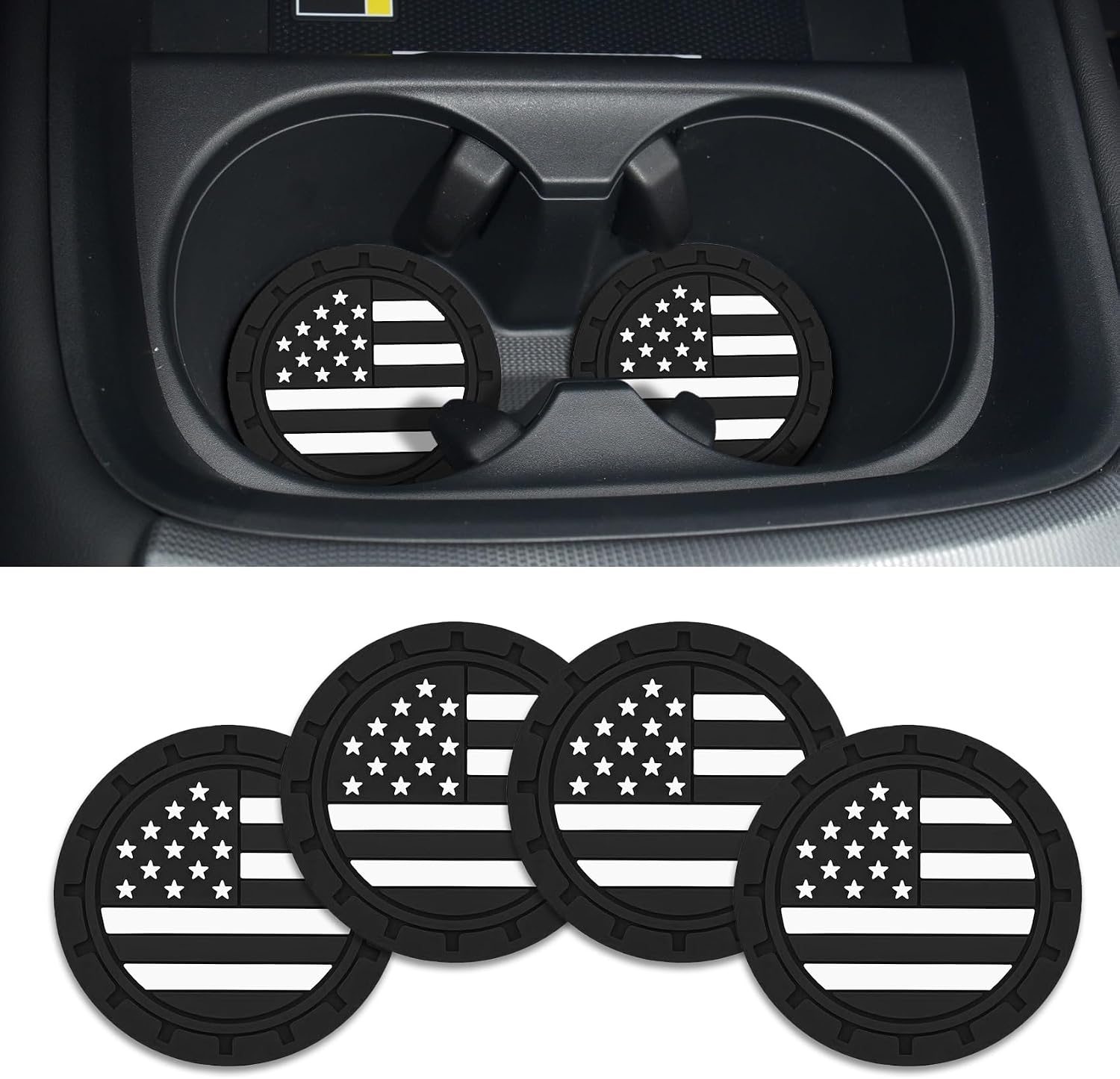 4PCS Car Cup Holder Coasters, Cup Holder Insert, 2.75 Inch Anti Slip Shockproof Embedded Car Drink Mats, Automotive American Flag Decoration PVC Waterproof Coasters Universal for Most Vehicles
