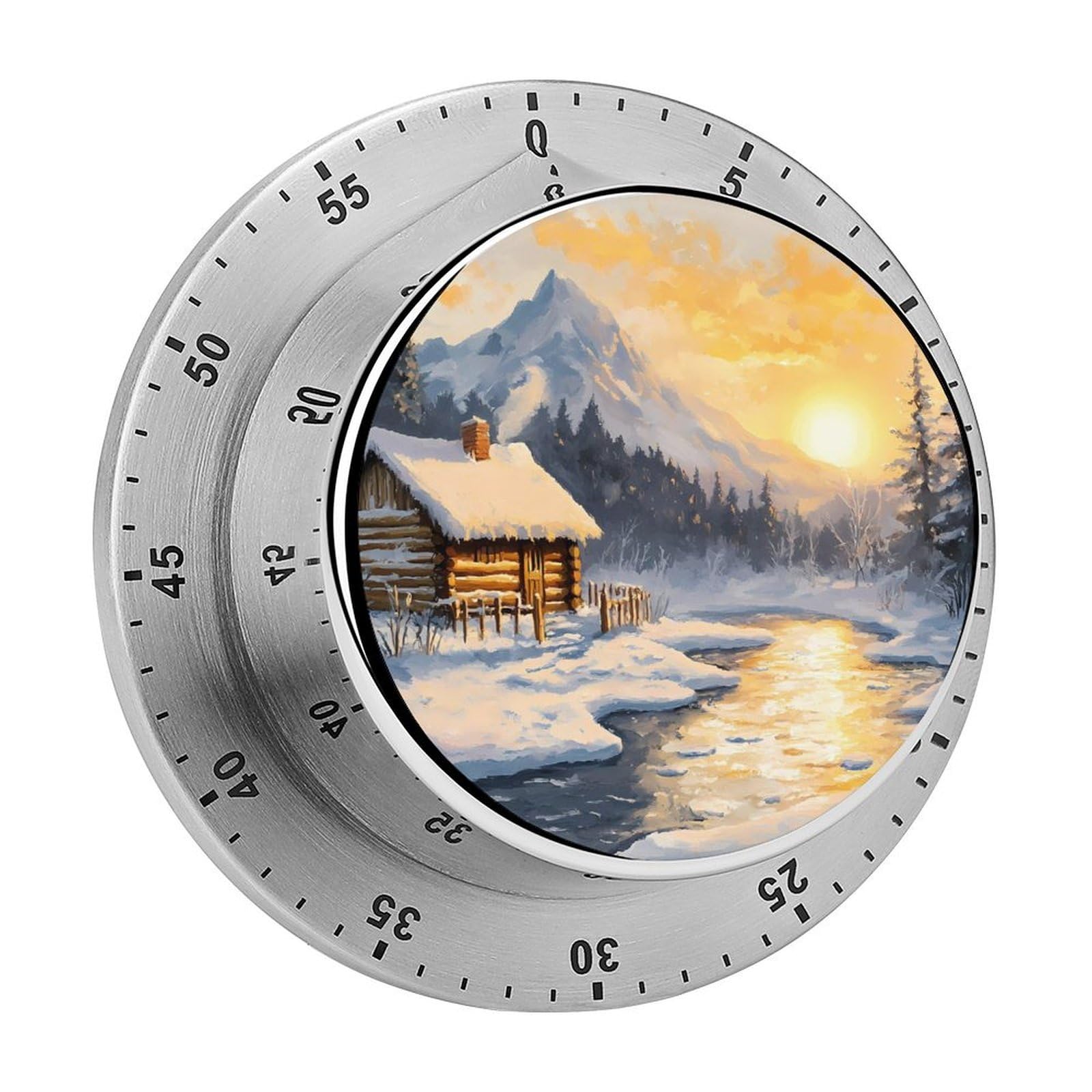 Warm Winter Sun Cabin by The Lake Mechanical Timer with Alarm for Kitchen Cooking Productivity Stainless Steel Timers