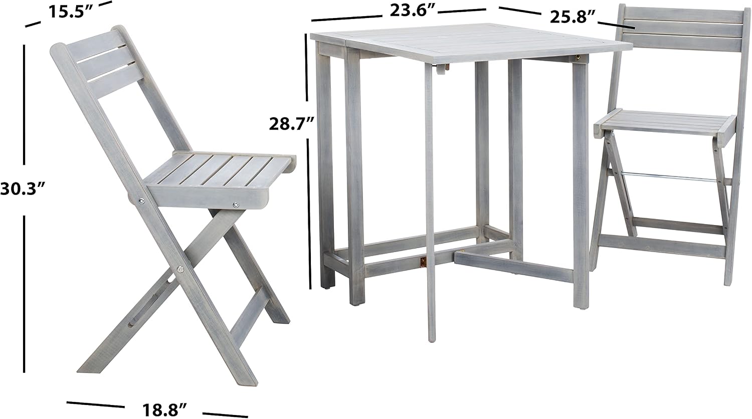 SAFAVIEH Outdoor Collection Gallo Ash Grey Acacia Wood 3-Piece Balcony Bistro Set