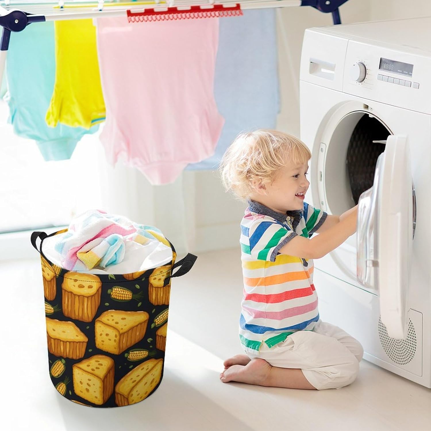 Corn Bread Novelty Collapsible Laundry Baskets Waterproof Clothes Hamper Storage Bins with Handles 13.8"x13.8"x17.3" 17.3"x17.3"x17.3"