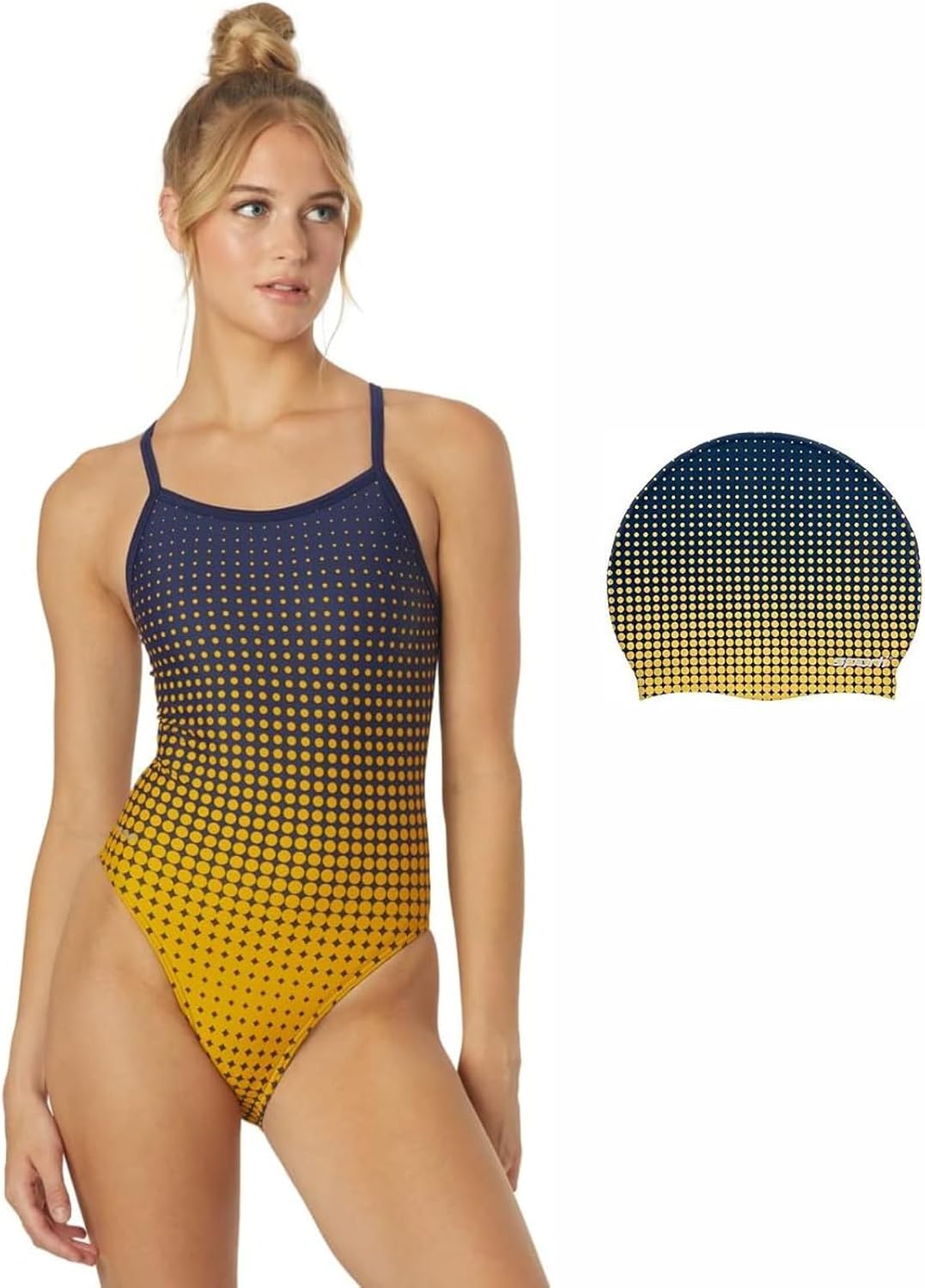Sporti Molecule Pro Performance Swim Set: Sleek One-Piece & Matching Cap (Navy/Gold - 30)