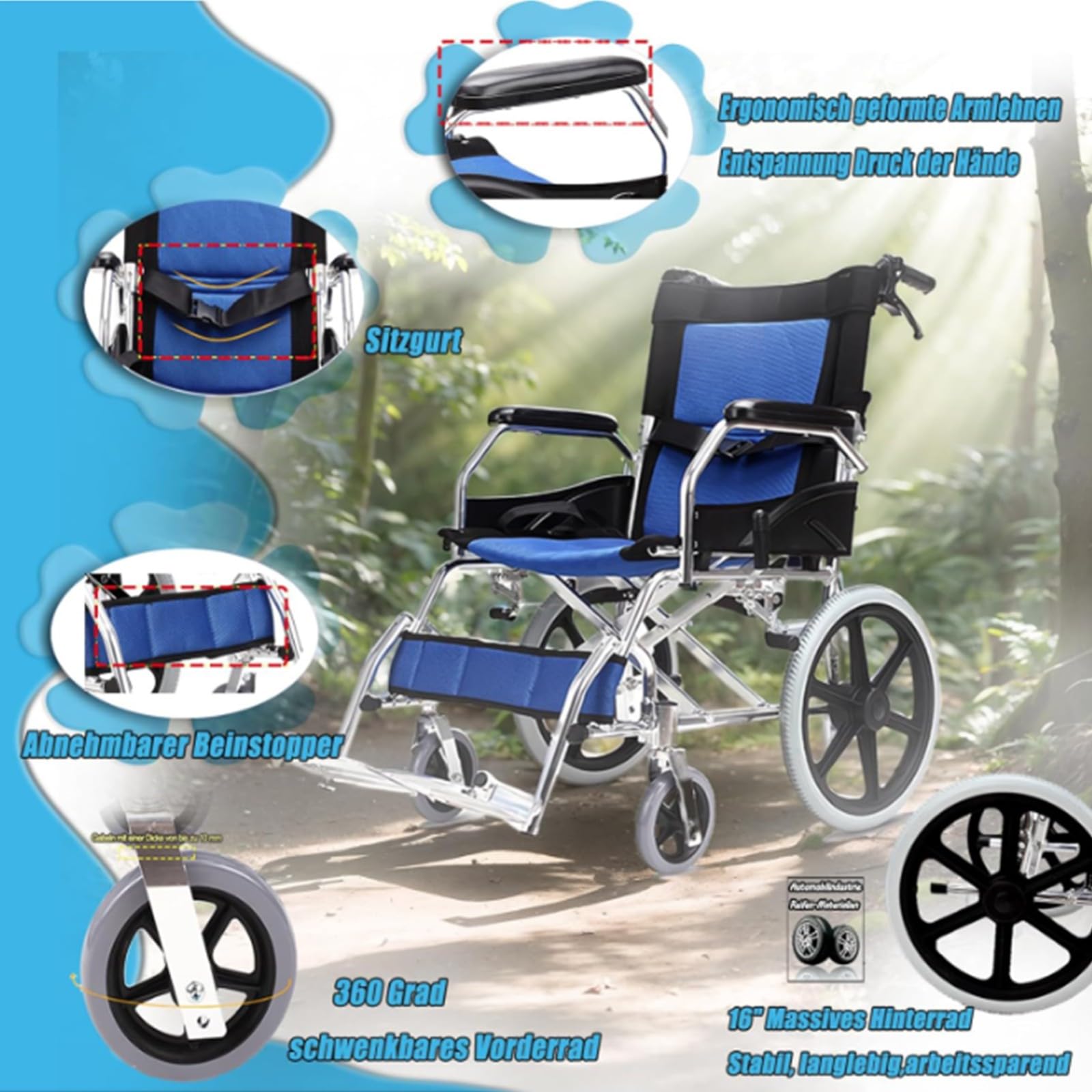 Silla De Ruedas Ligera Plegable De Aluminio, Asiento 45 Cm, Reposapiés Abatibles, Ruedas Macizas, Frenos De Mano Y En Manetas, para Mayores, para Minusválidos