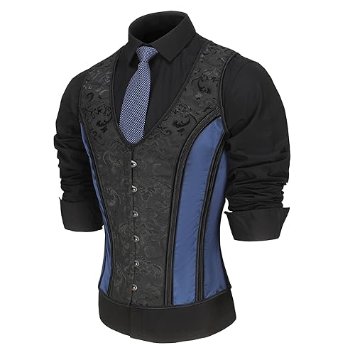HUAMYTH Men Corset Vest Lace Up Bones Vintage Dress Waistcoat Tight Fitting Formal Tops Party Stage Waist Trainer - Large - Black Floral Mixed Blue