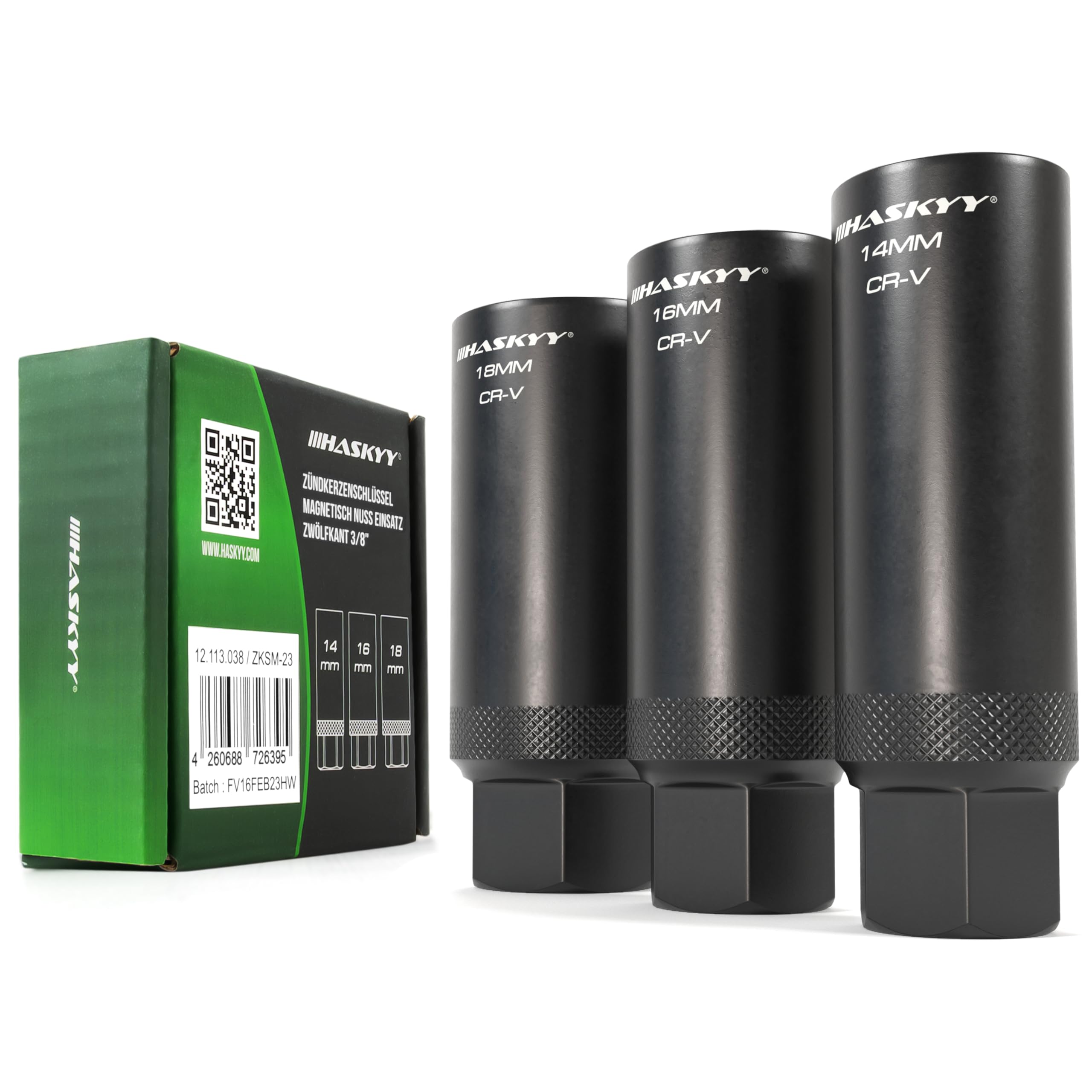 HASKYY Zündkerzenschlüssel Magnetisch Zwölfkant Nuss Set 14-16-18mm - 3/8 Zoll Antrieb Kerzenschlüssel Glühkerze 3-teilig Steckschlüssel 12-Kant - Universal KFZ Werkzeug für Auto & Motorrad