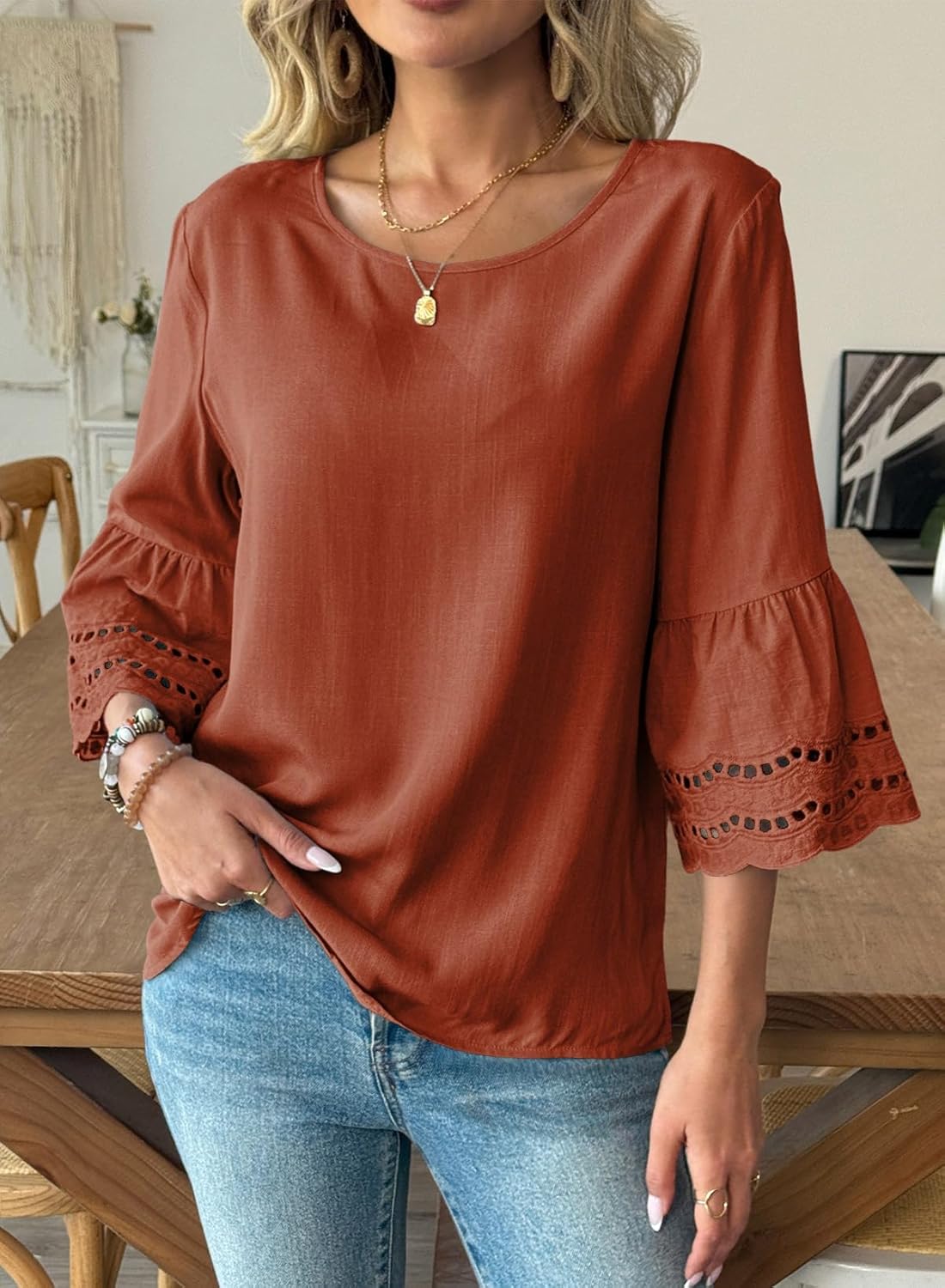 Dokotoo Womens 3/4 Bell Sleeve Hollow Out Ruffle Shirts Crewneck Trendy Casual Loose Fit Blouse Tops - Image 2