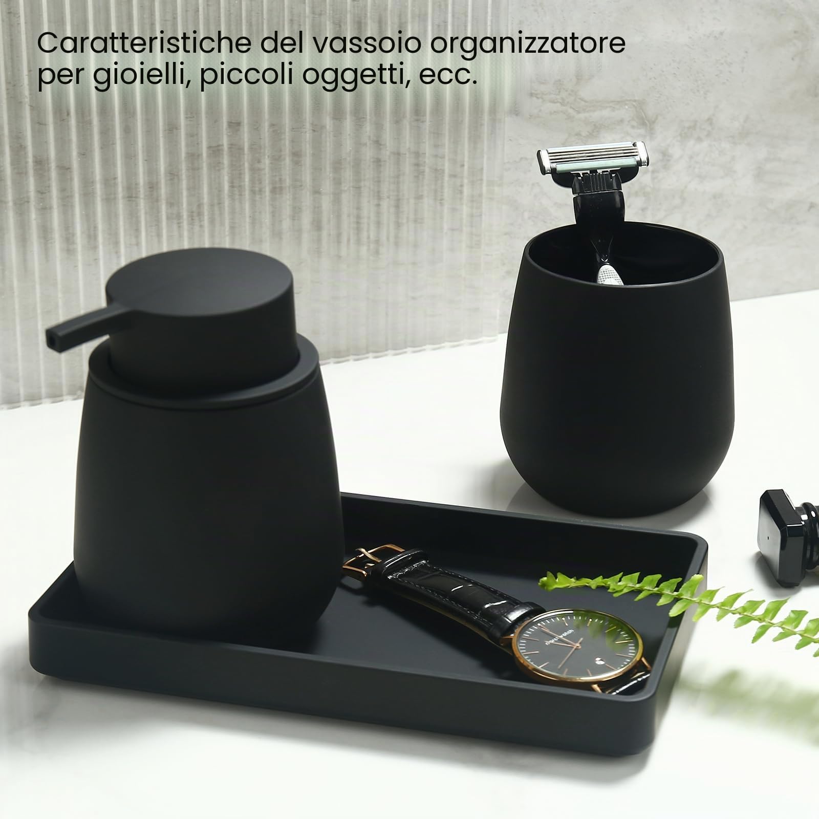 Set Bagno Nero - Dispenser Sapone, Portaspazzolino, Vassoio da Vanity, Moderno Accessori Bagno con Rivestimento in Gomma, Organizzatore da Banco Decorativo (Nero)