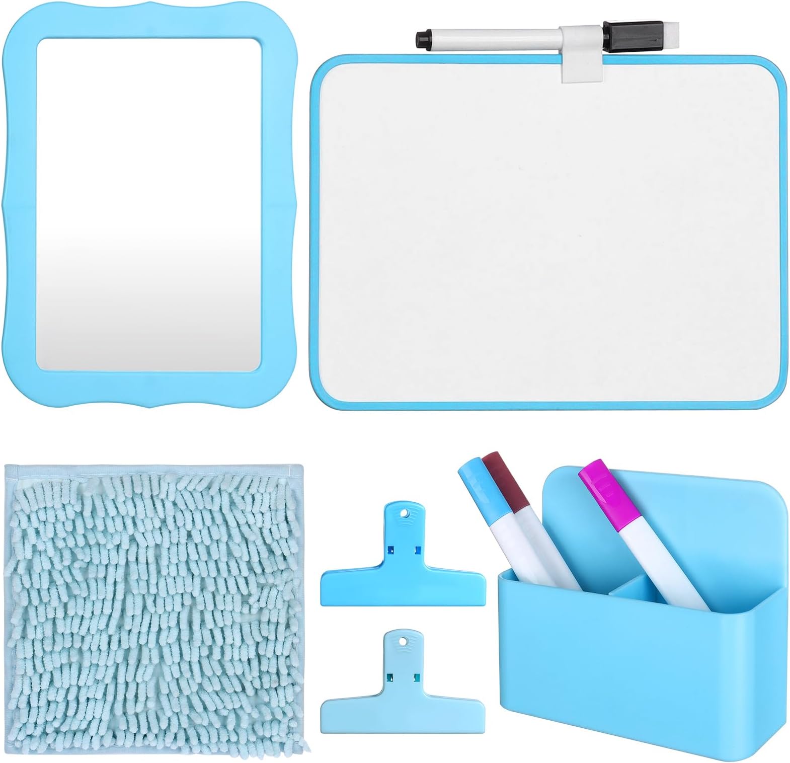 6 Pcs Magnetic Locker Mirror Set Locker Accessories Kit School Locker Decorations Back to School Essentials with Mirror Whiteboard Pen Holder Clip Pen Rug for Office School Gym Locker (Blue)