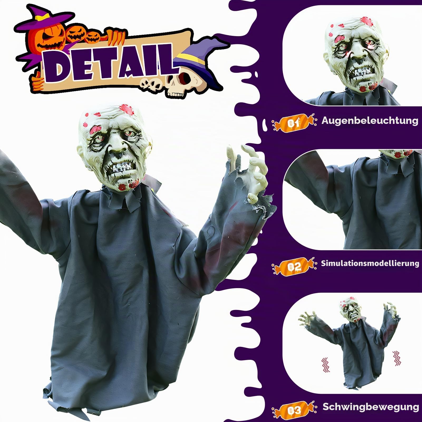 Halloween Animatronic Zombie Groundbreaker, Halloween Deko Gruselig Skelett Zombie mit Leuchtende Augen und Gruseligem Klang, Schwankender Zombie Animiert für Halloween Deko Outdoor, Garten, Rasen (B)