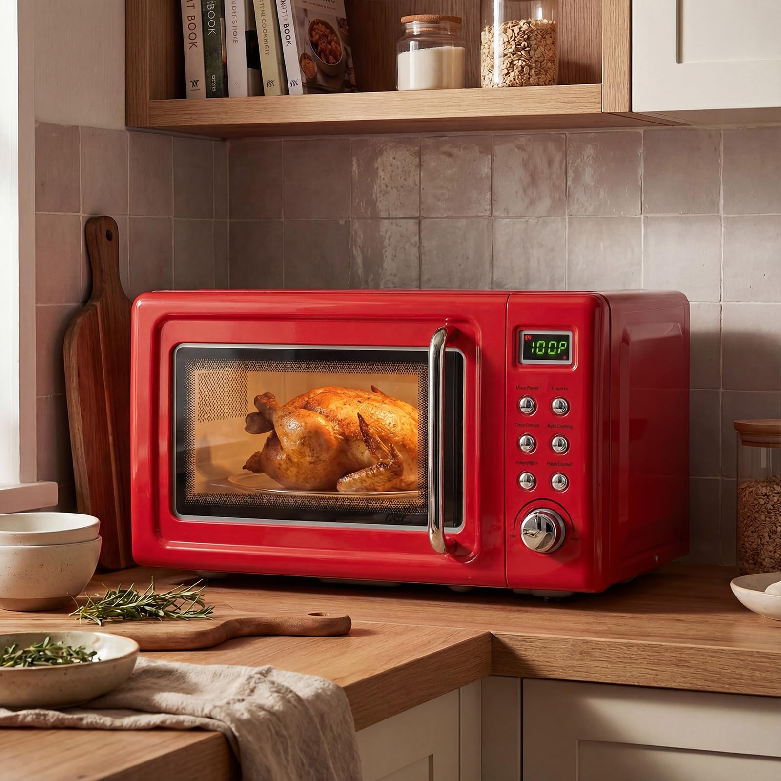 LDAILY 0.7Cu.ft Retro Small Microwave Oven, 700W Compact Countertop Microwave with 5 Power Levels, Auto Cooking Menus, Glass Turntable, Child Lock &amp; Glass Turntable for Apartment, Dorm (Red)