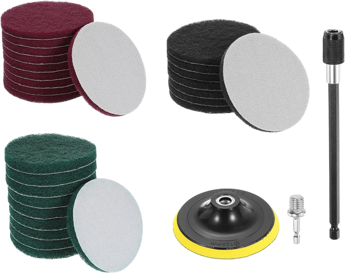 uxcell 27 Pcs 5 Inch Nylon Hoop Scrubbing Pad 240/400/800 Grits Scrubber Scouring Pads Hoop and Loop Surface Conditioning Drill Scuffing Disc, Green/Red/Grey
